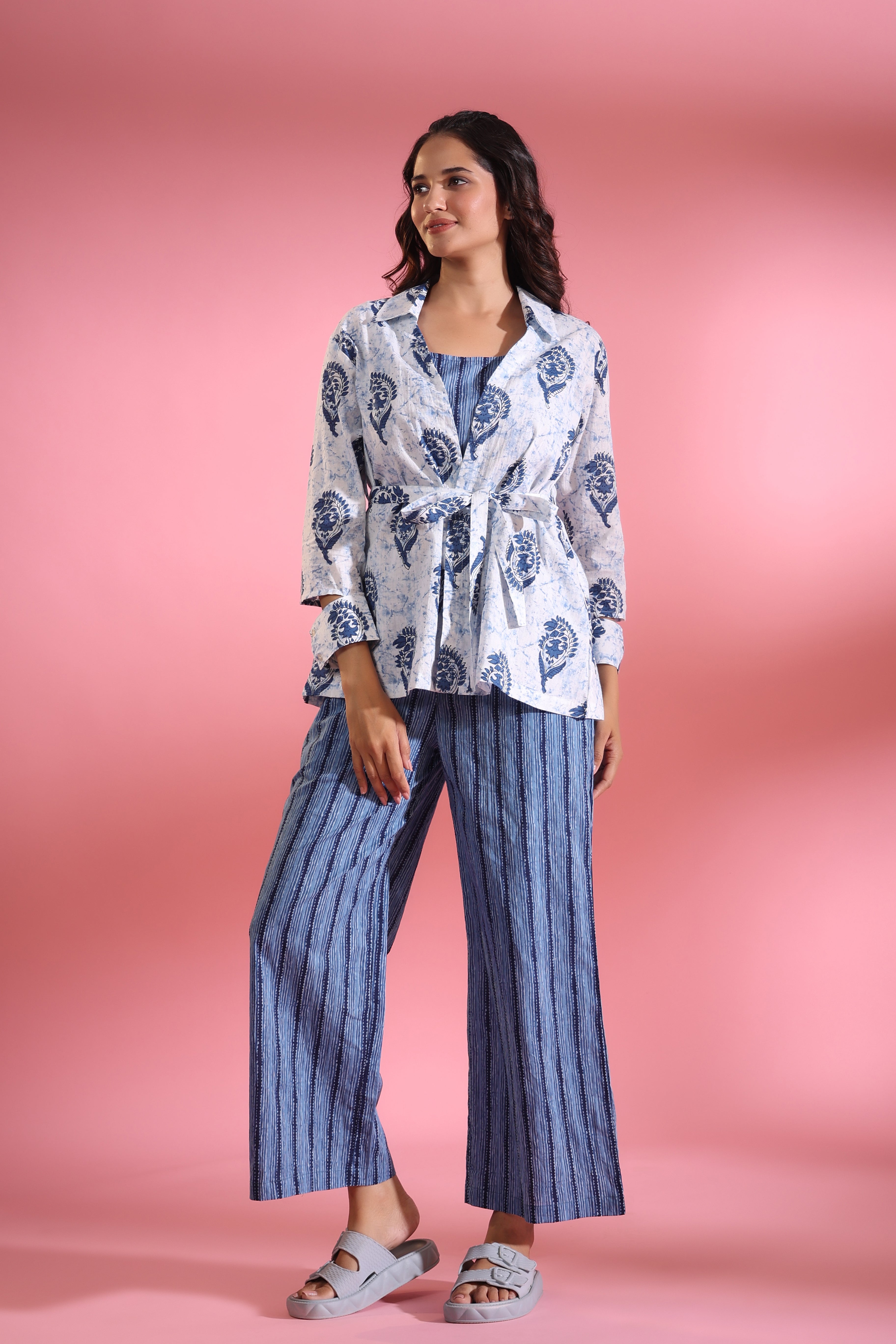 Parallel Lines with Traditional White Booti Shrug Cotton Three Piece Co-ord Set