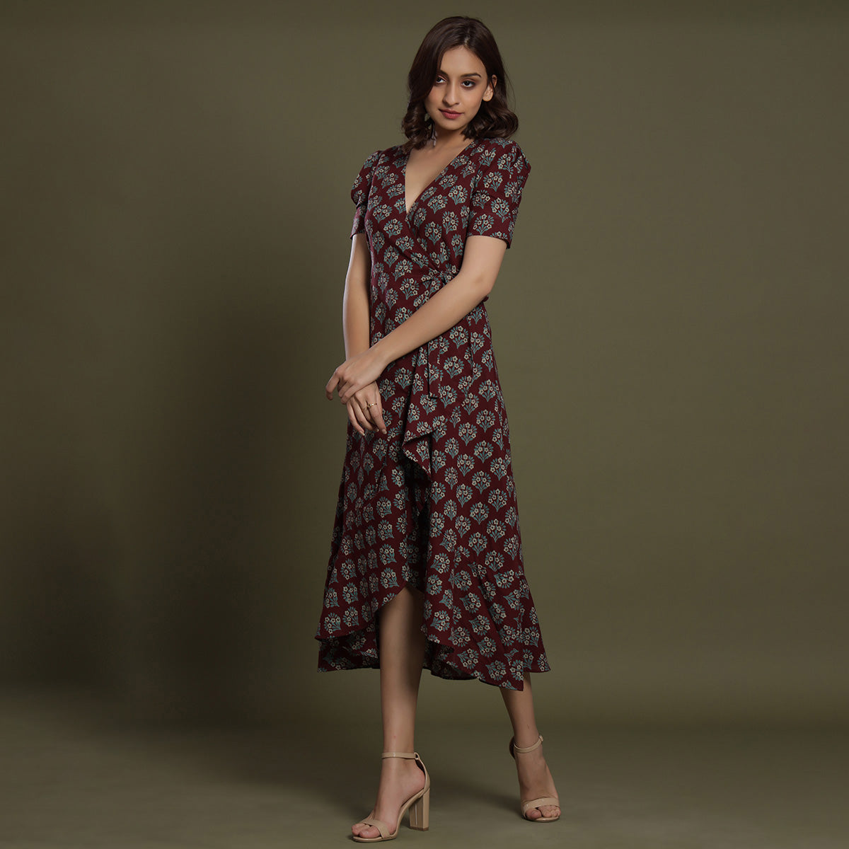 Aloha Mora on Maroon Wrap-around Dress Jisora Jaipur