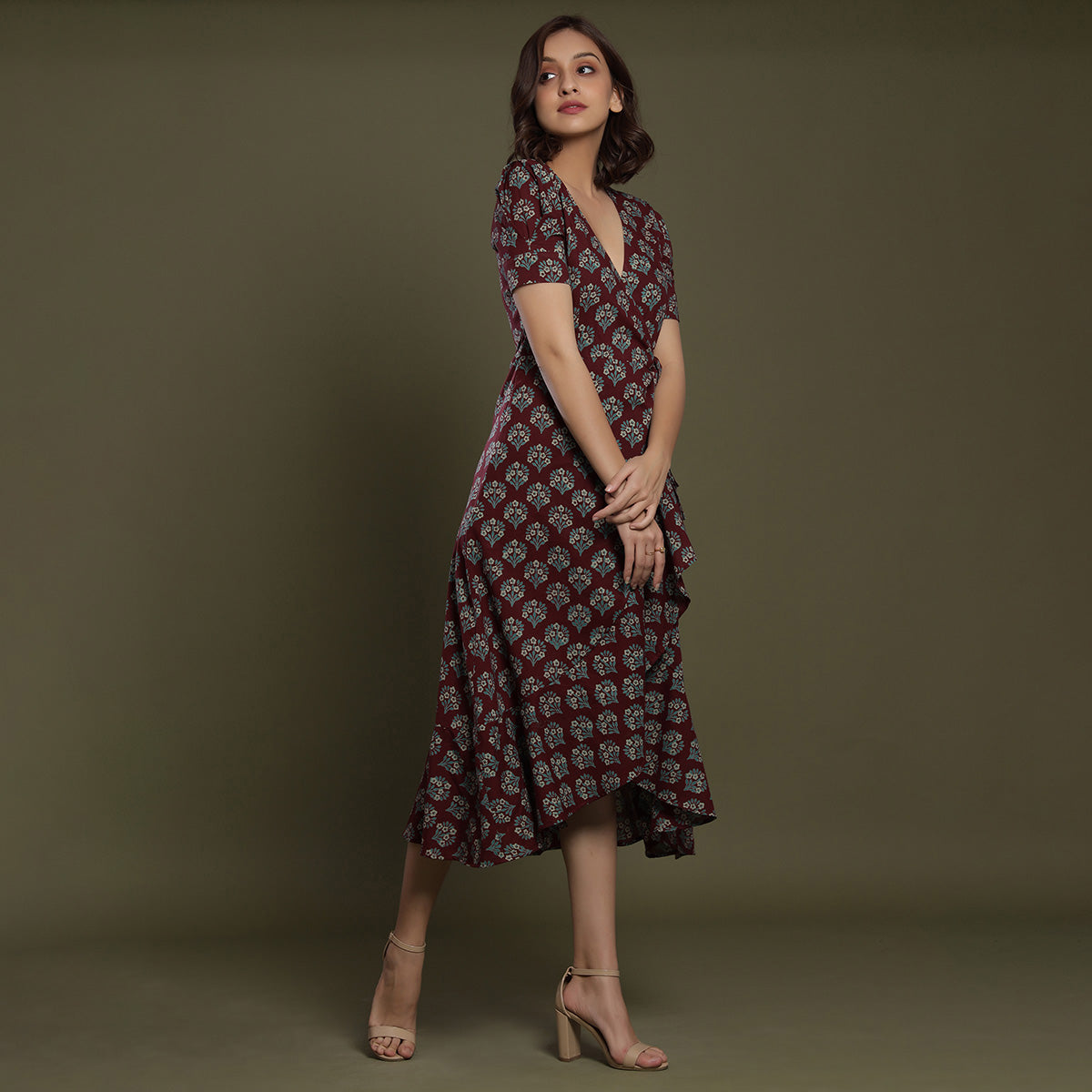 Aloha Mora on Maroon Wrap-around Dress Jisora Jaipur