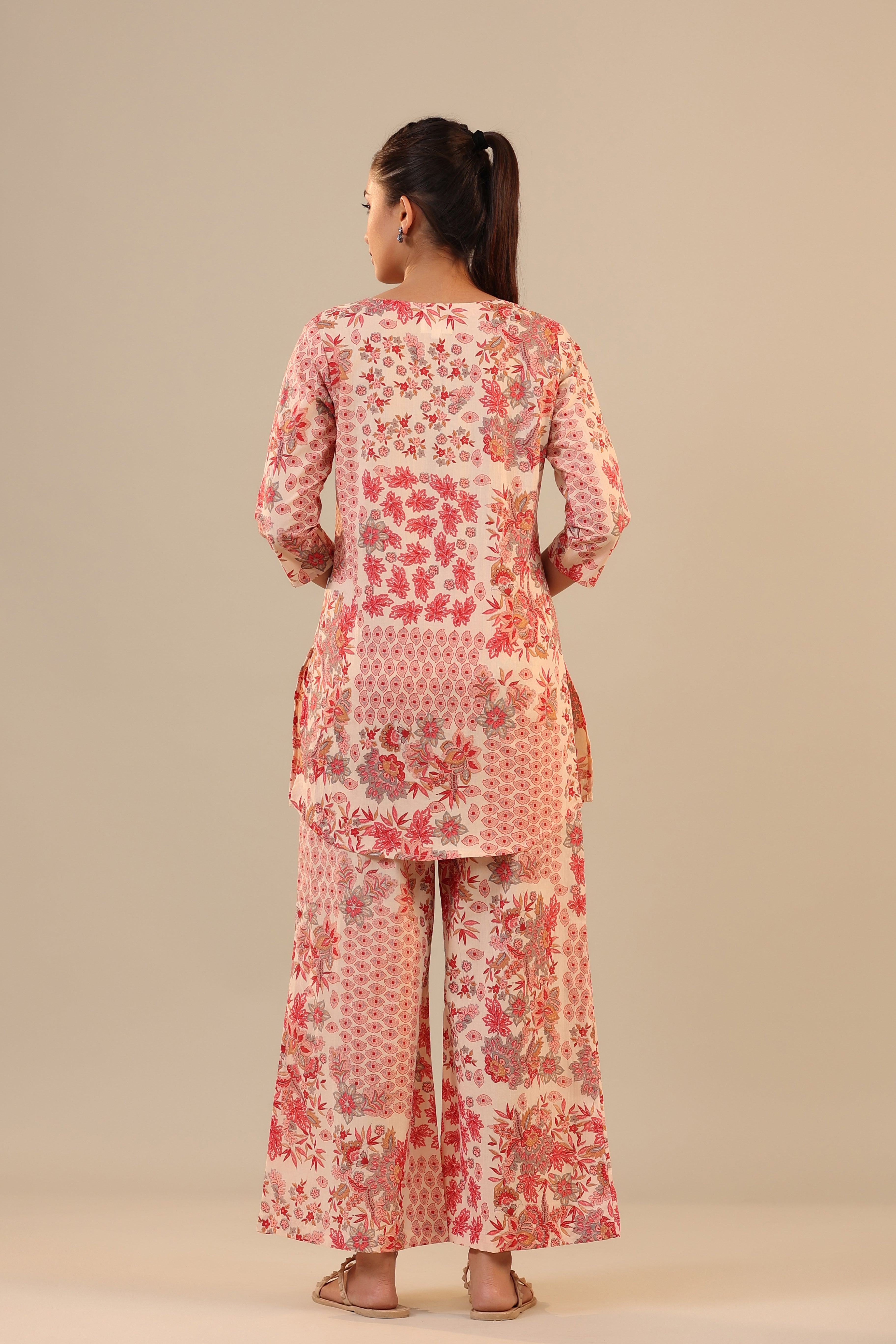 Patterned Florals on Pink Cotton Palazzo Loungewear Set