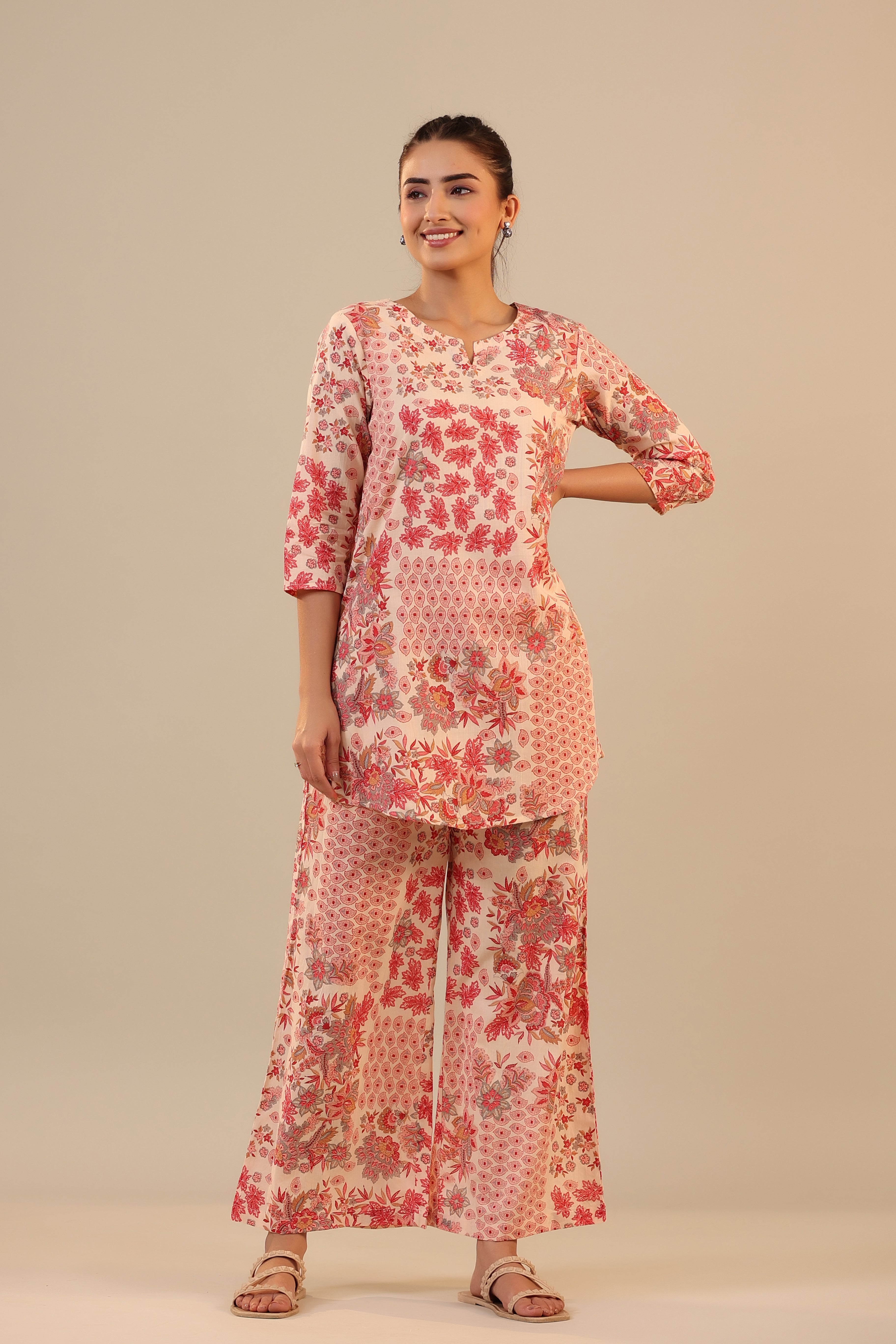 Patterned Florals on Pink Cotton Palazzo Loungewear Set