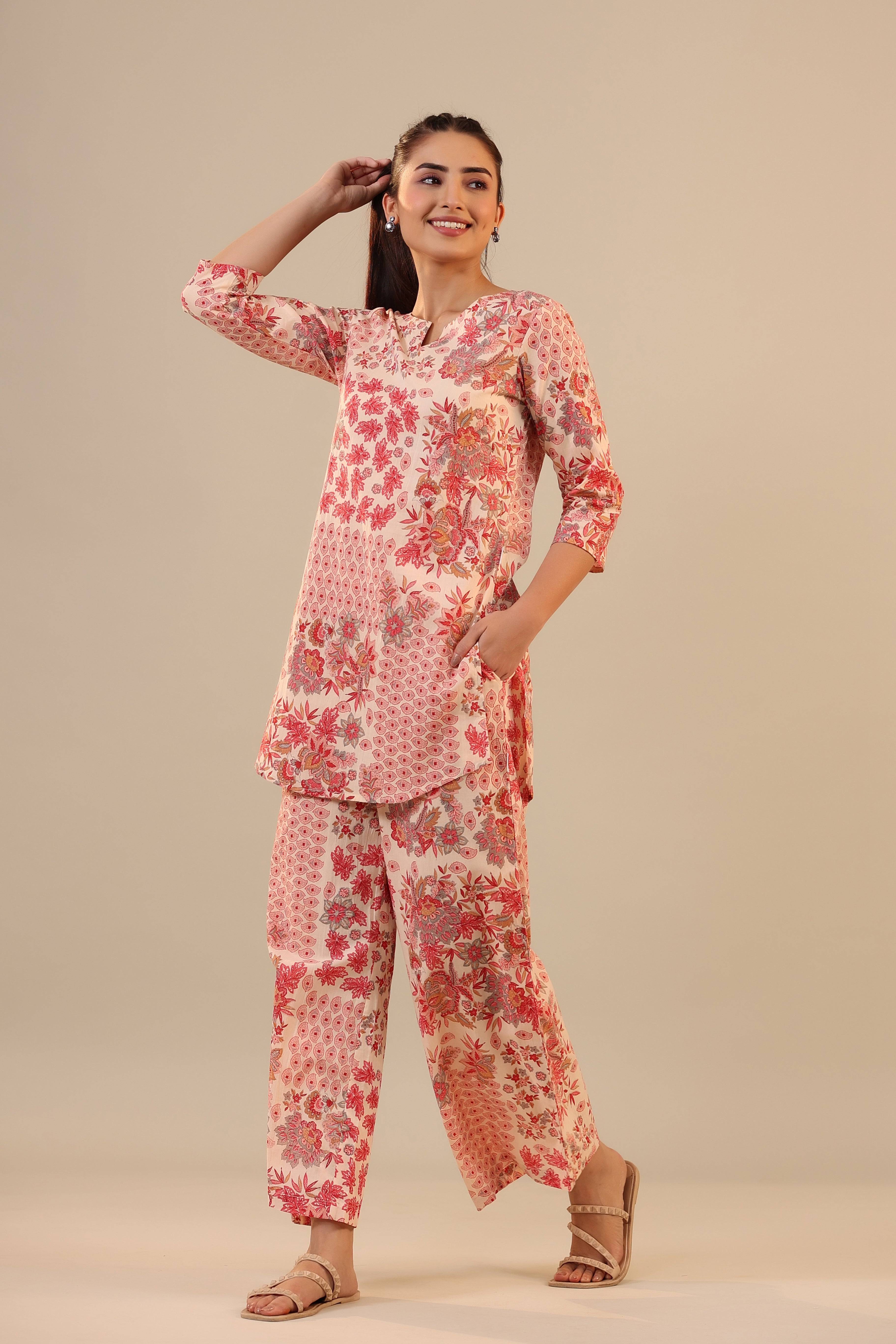 Patterned Florals on Pink Cotton Palazzo Loungewear Set