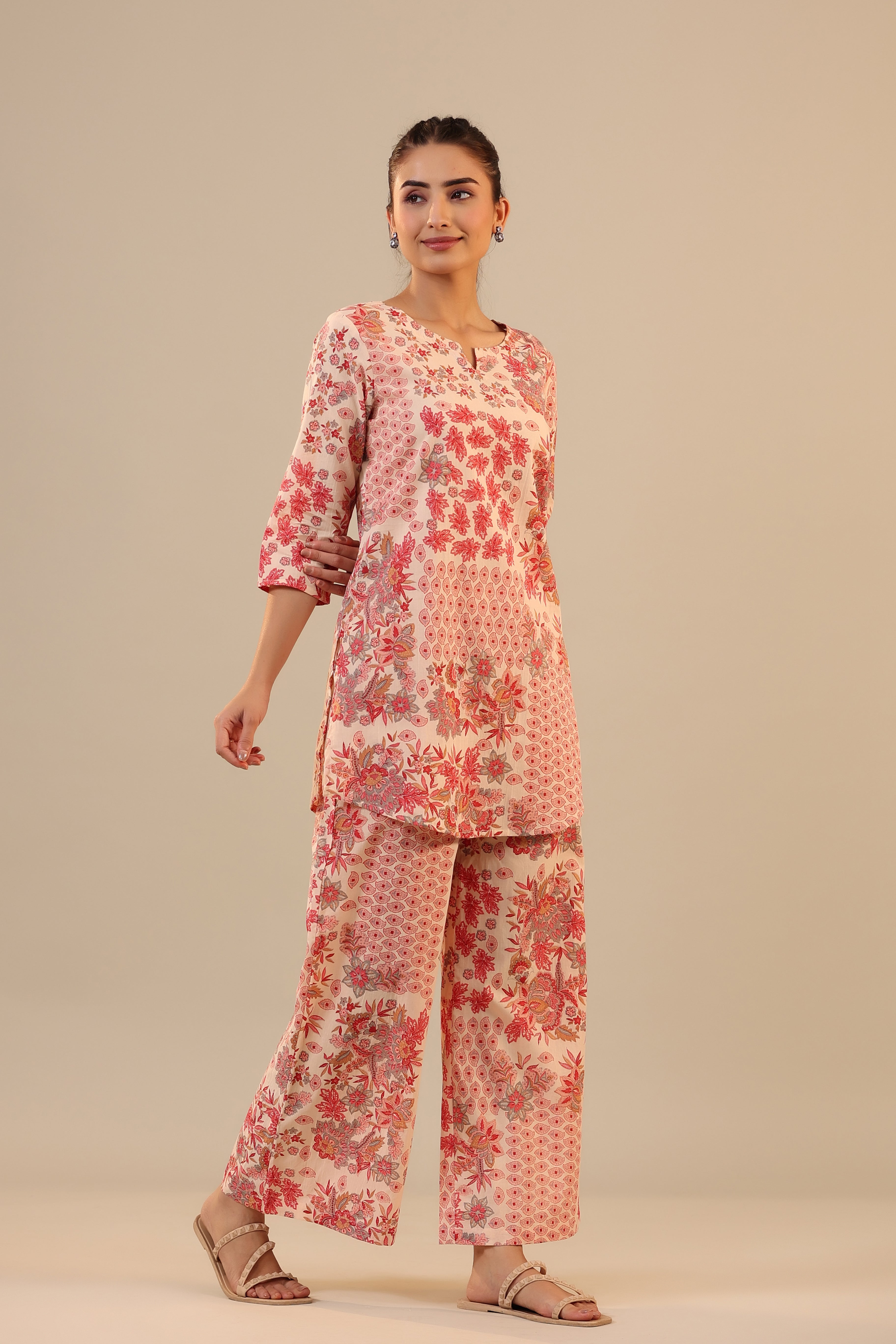 Patterned Florals on Pink Cotton Palazzo Loungewear Set