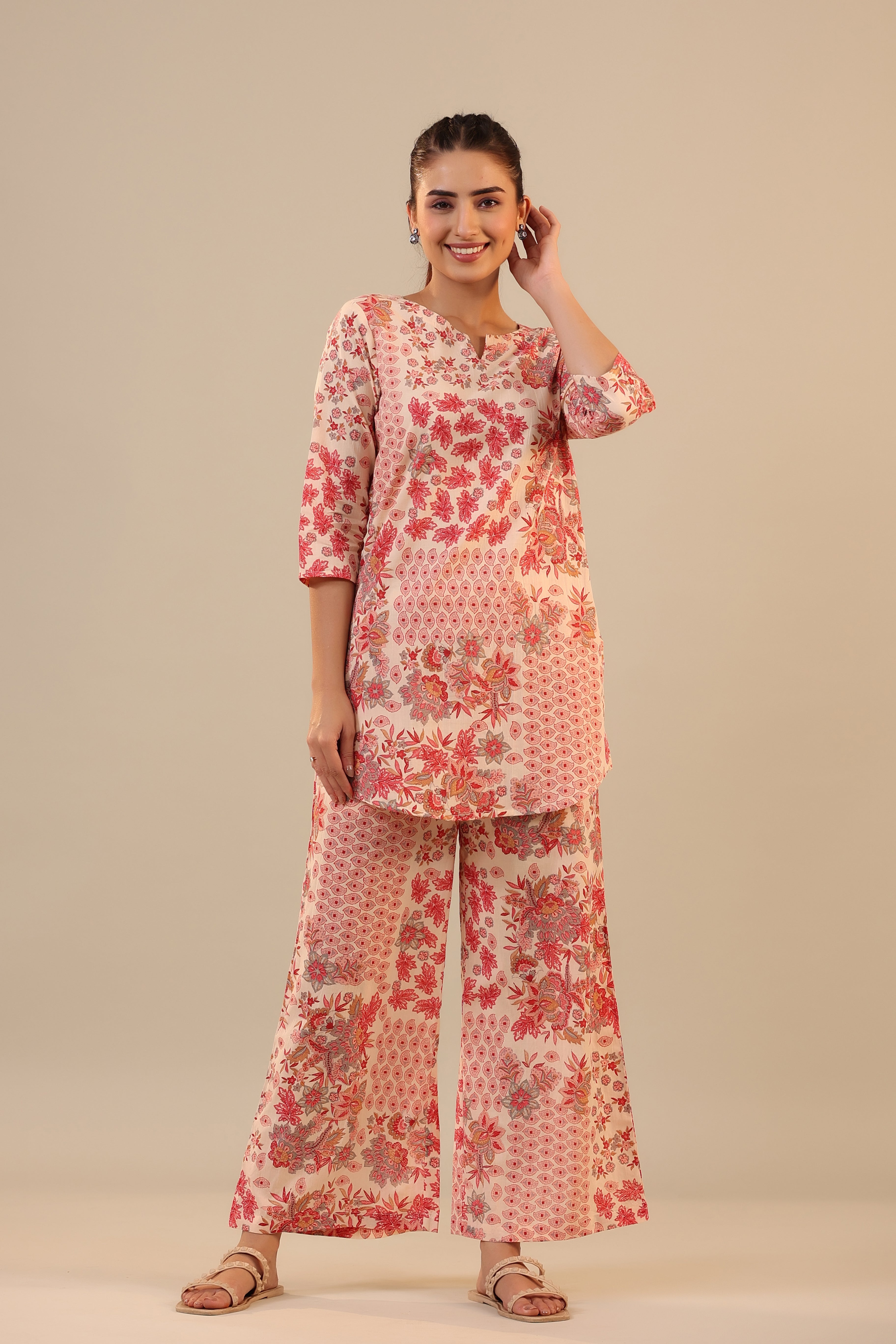 Patterned Florals on Pink Cotton Palazzo Loungewear Set