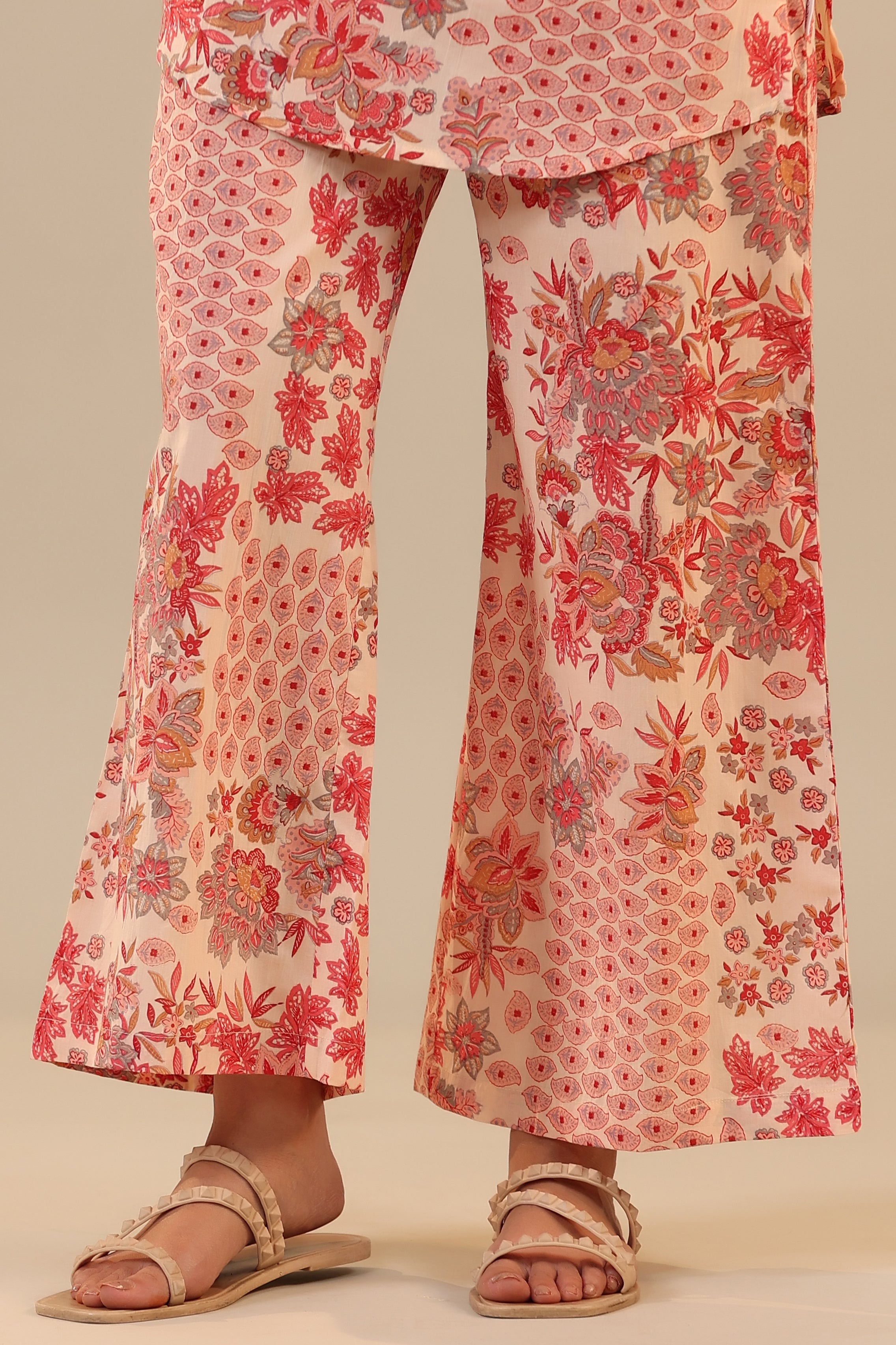 Patterned Florals on Pink Cotton Palazzo Loungewear Set