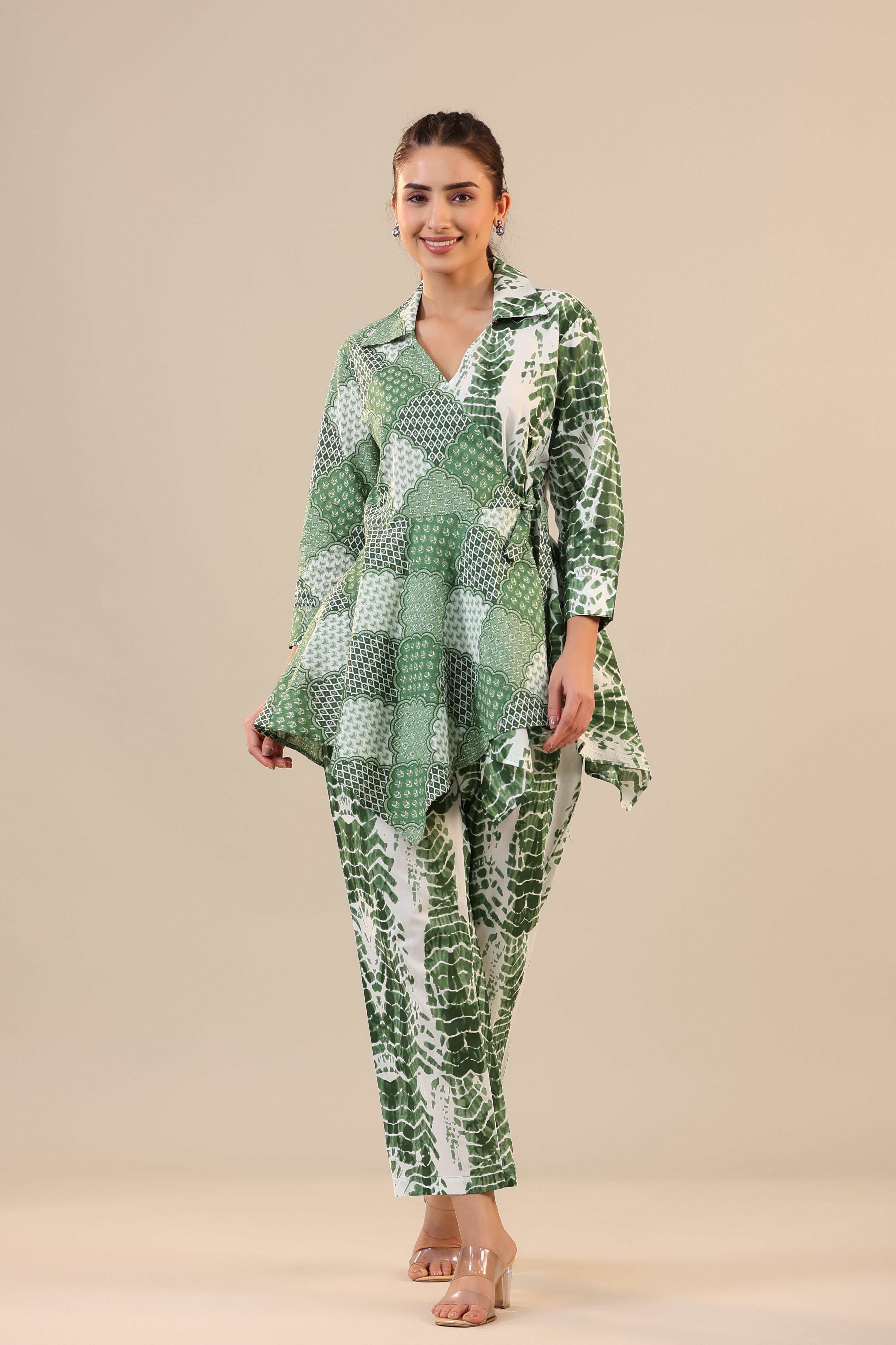Green abstract Shibori Knot Cotton Co-ord Set