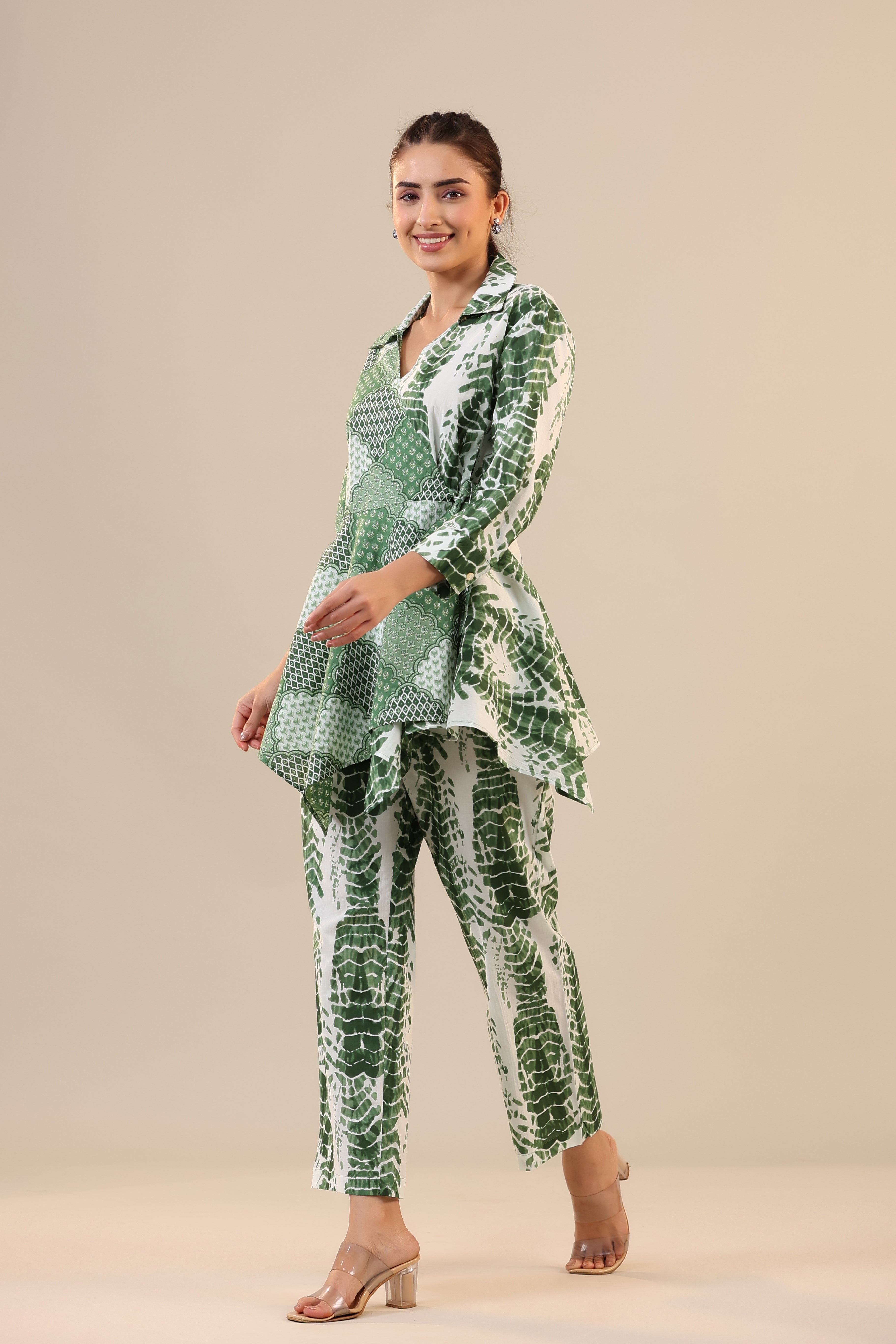 Green abstract Shibori Knot Cotton Co-ord Set