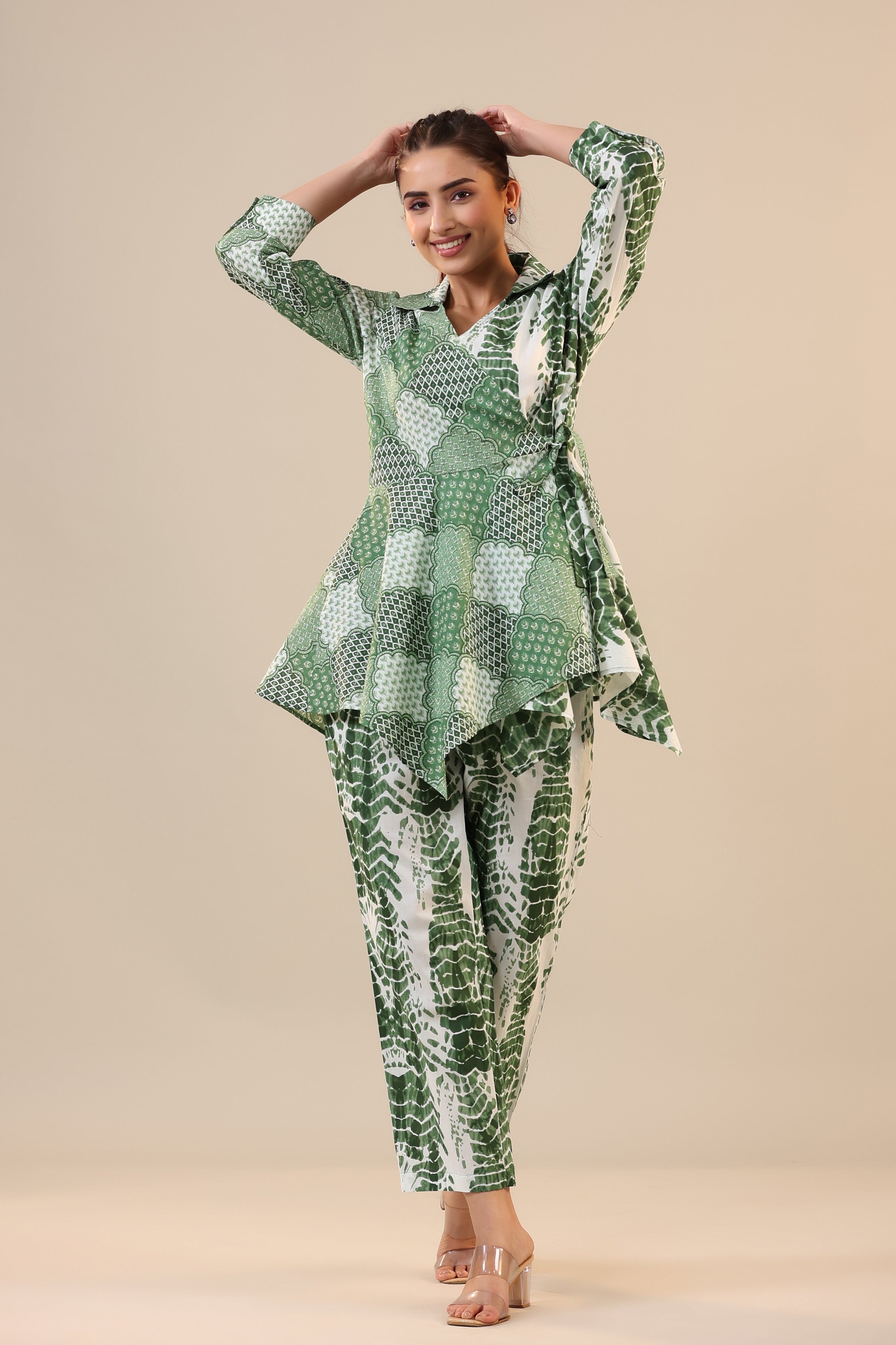 Green abstract Shibori Knot Cotton Loungewear Set