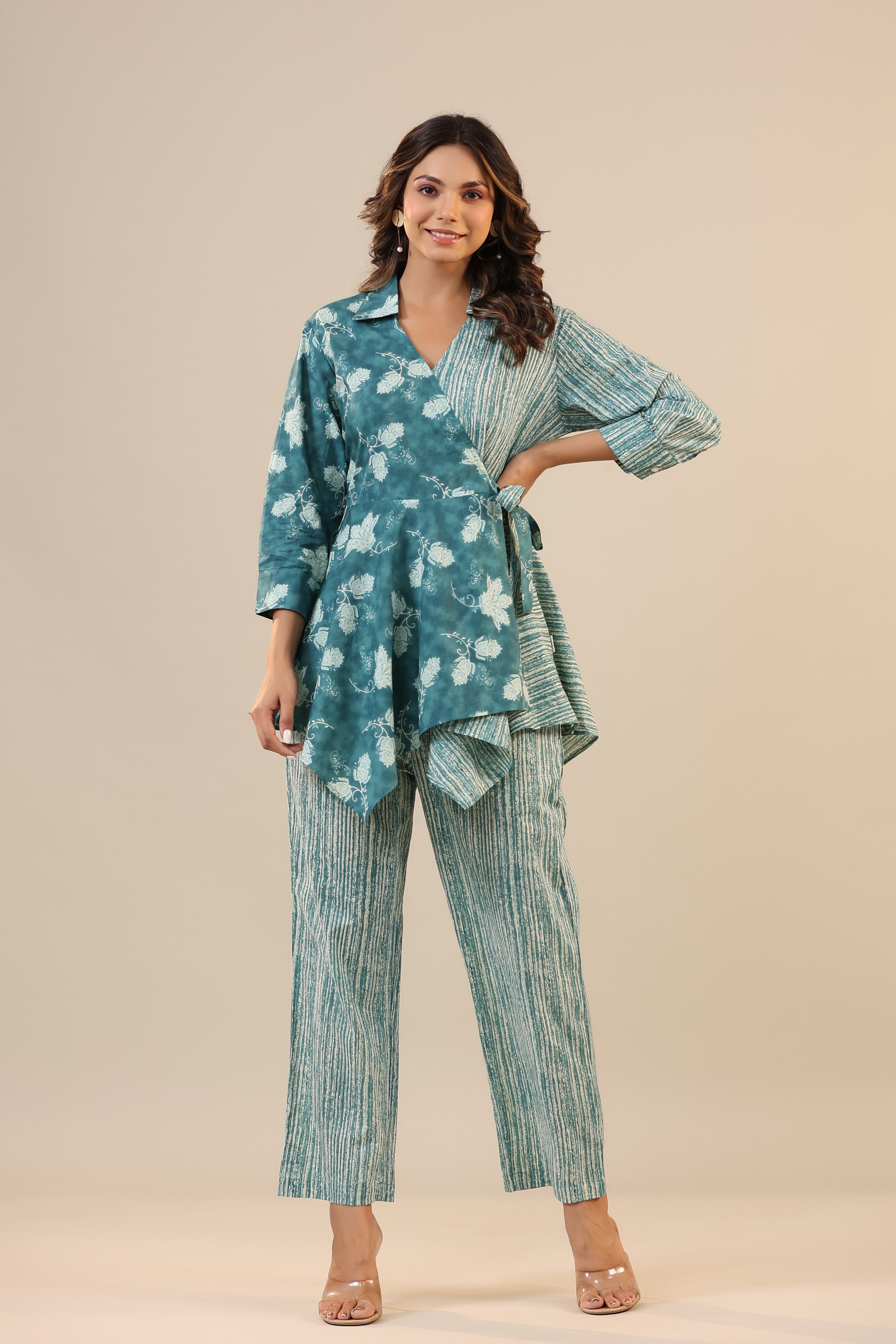 Stripes with Florals on Teal Knot Cotton Loungewear Set