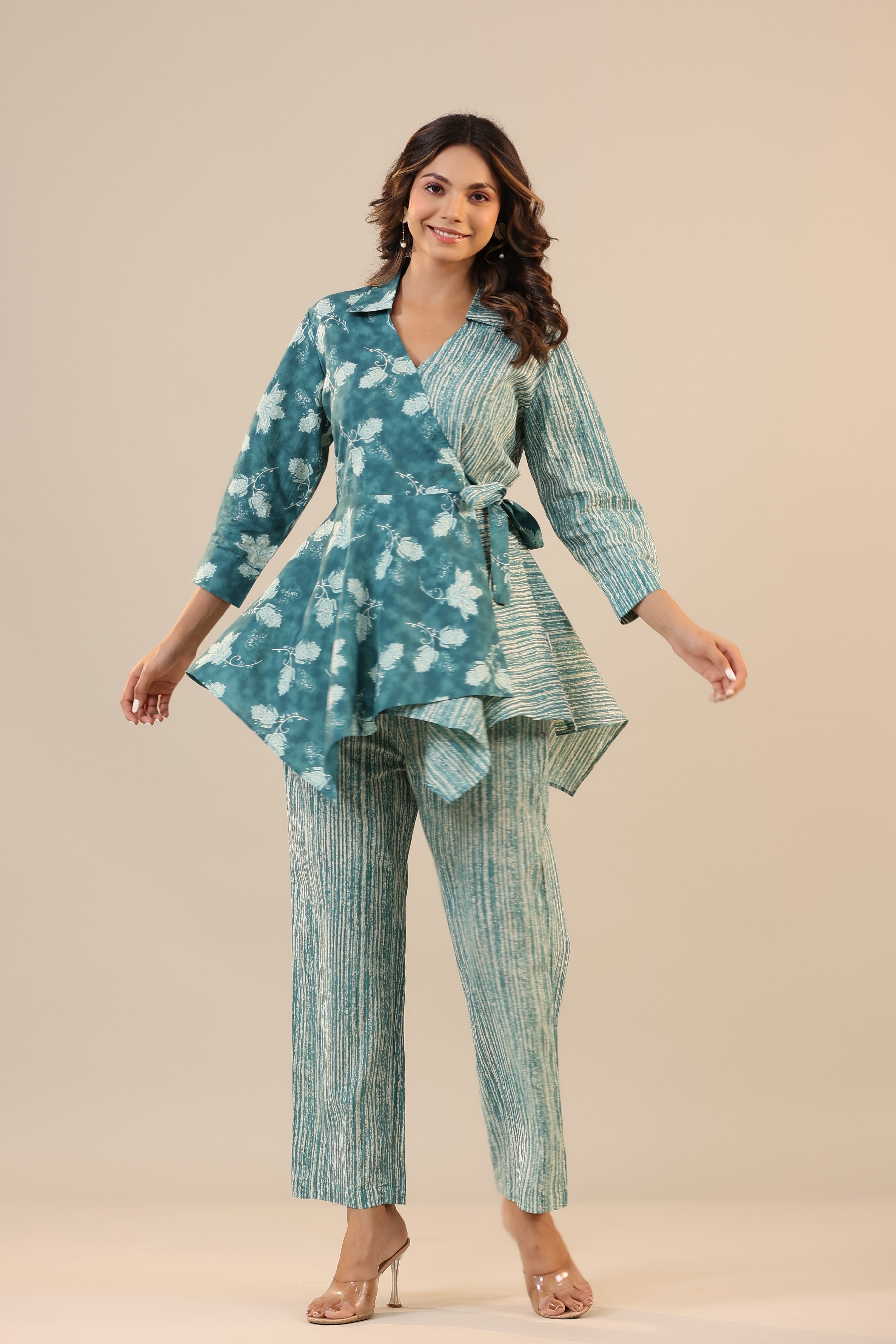 Stripes with Florals on Teal Knot Cotton Loungewear Set