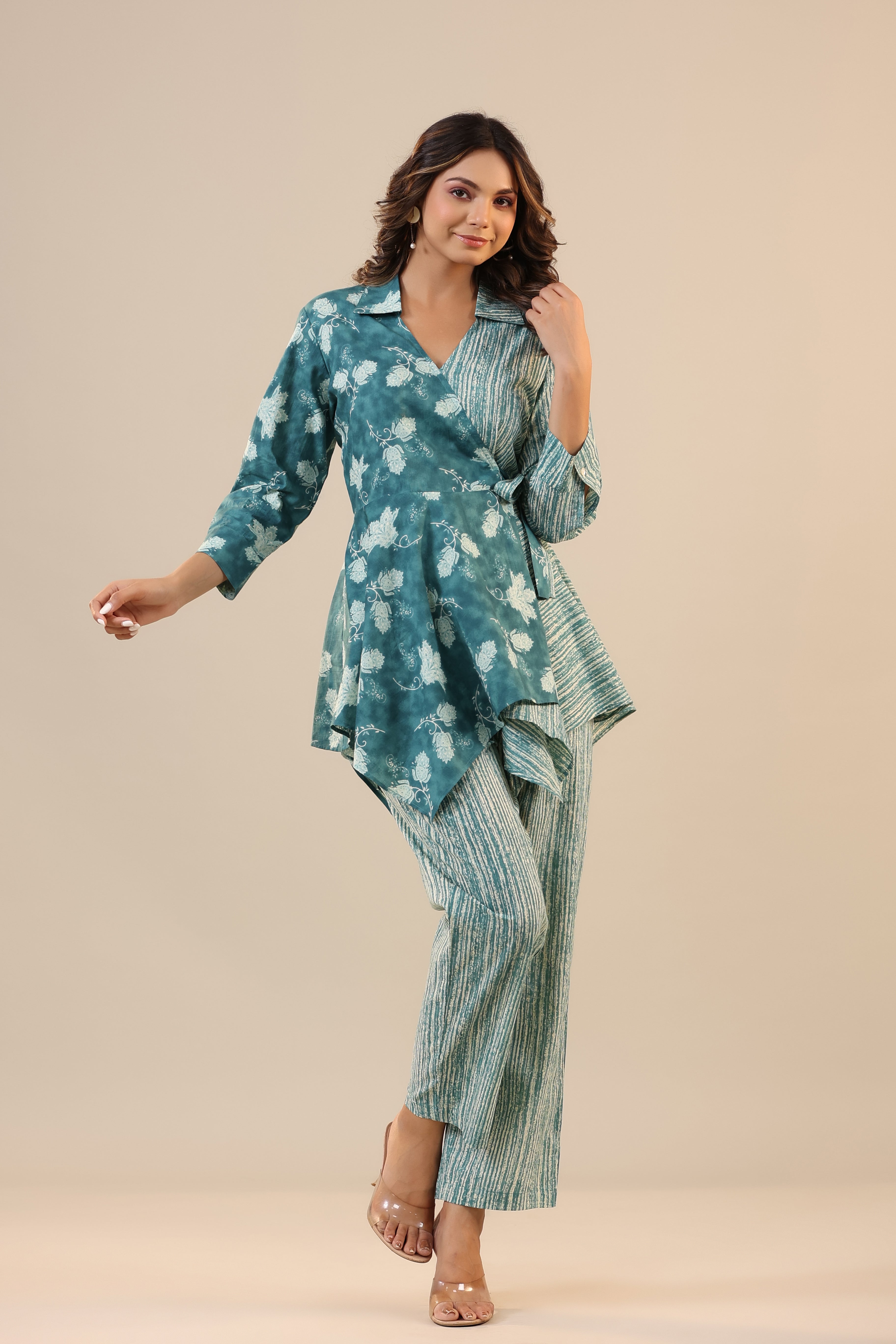 Stripes with Florals on Teal Knot Cotton Loungewear Set