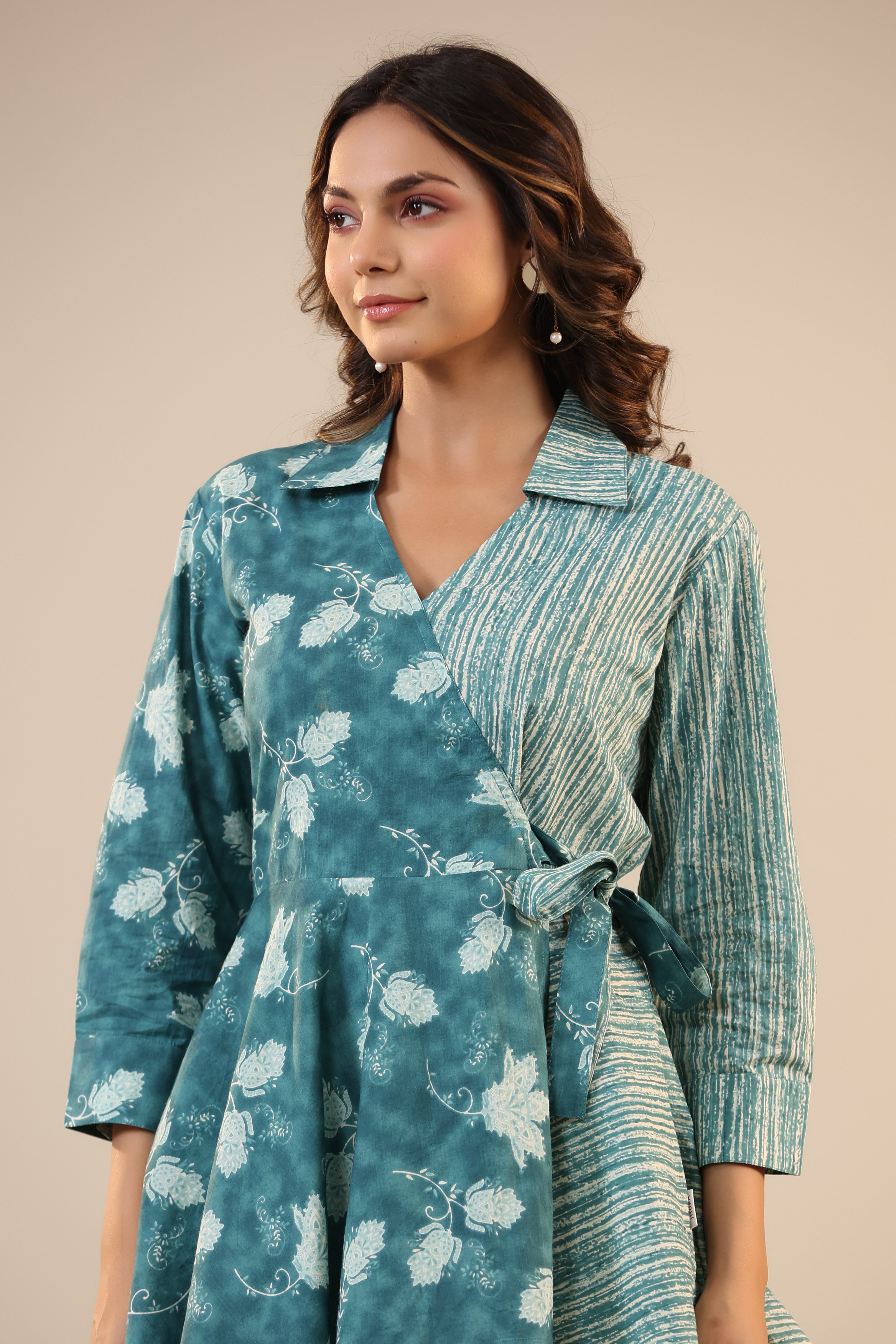 Stripes with Florals on Teal Knot Cotton Loungewear Set