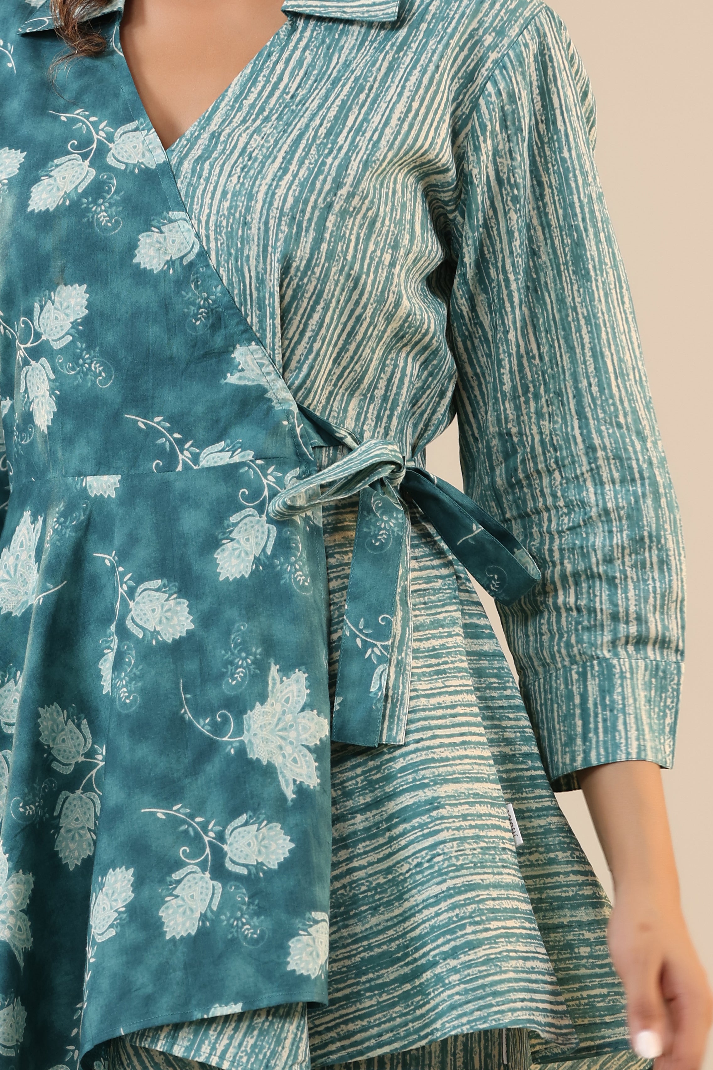 Stripes with Florals on Teal Knot Cotton Loungewear Set