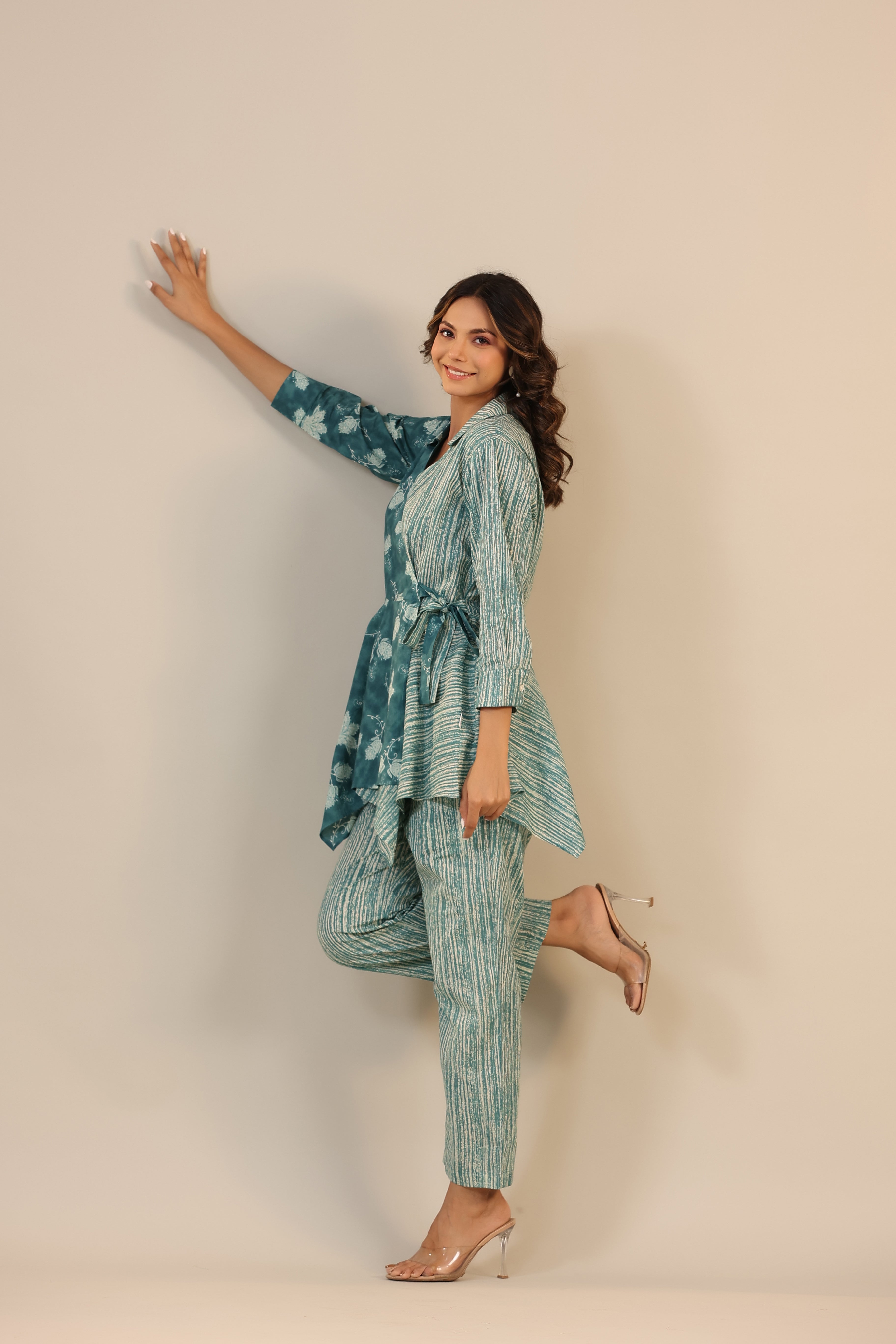 Stripes with Florals on Teal Knot Cotton Loungewear Set