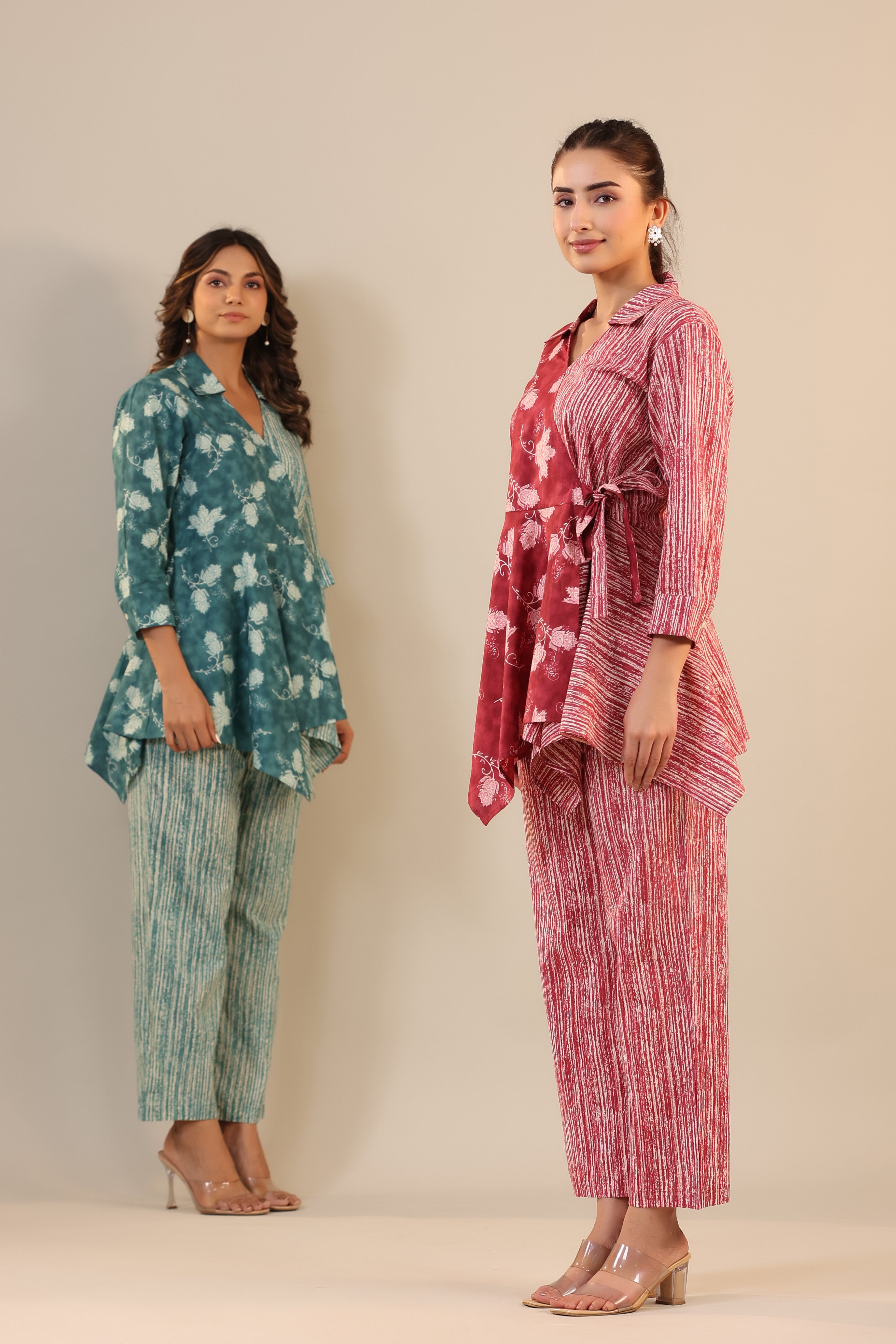 Stripes with Florals on Red Knot Cotton Loungewear Set
