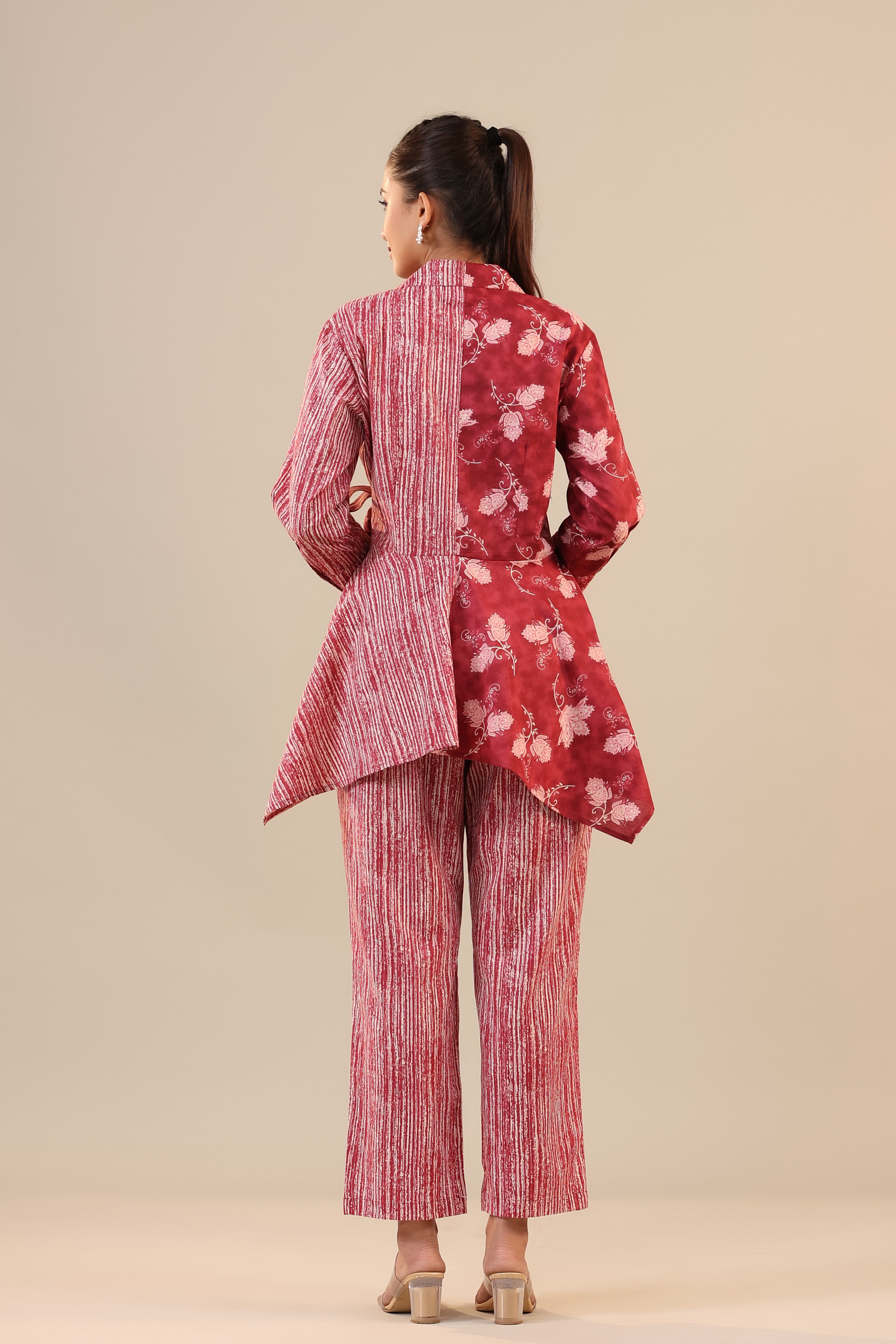 Stripes with Florals on Red Knot Cotton Loungewear Set