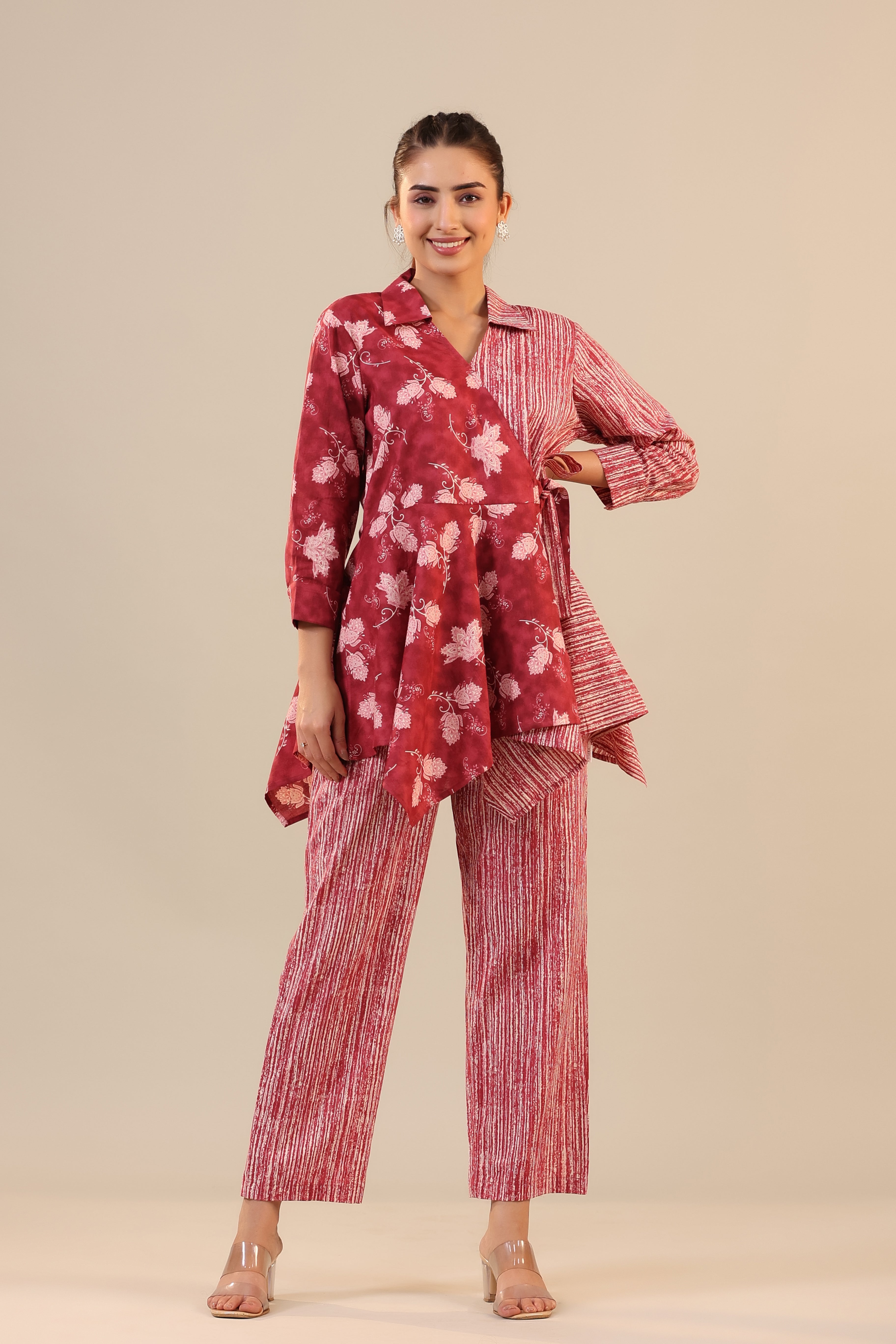 Stripes with Florals on Red Knot Cotton Loungewear Set
