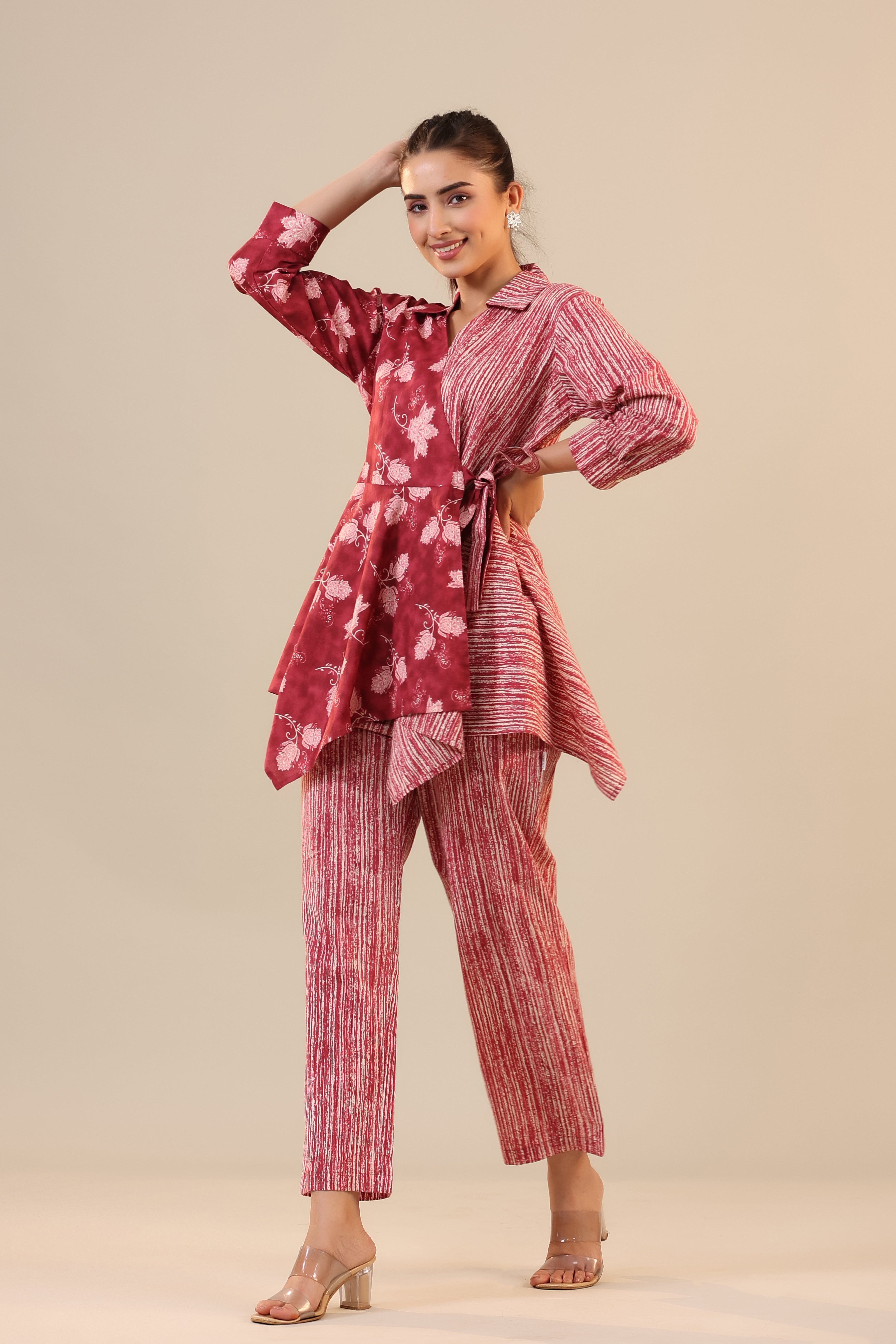 Stripes with Florals on Red Knot Cotton Loungewear Set