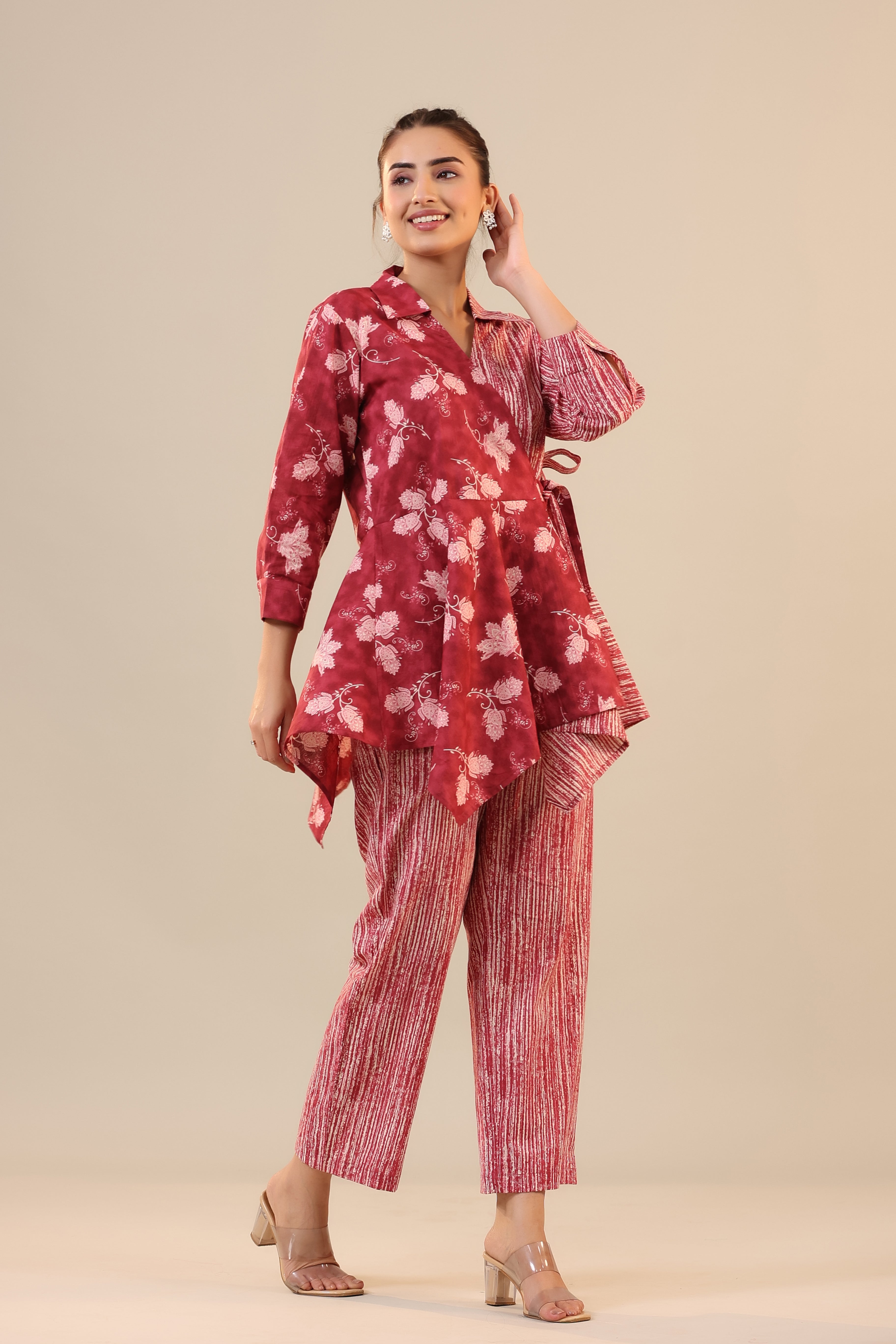Stripes with Florals on Red Knot Cotton Loungewear Set