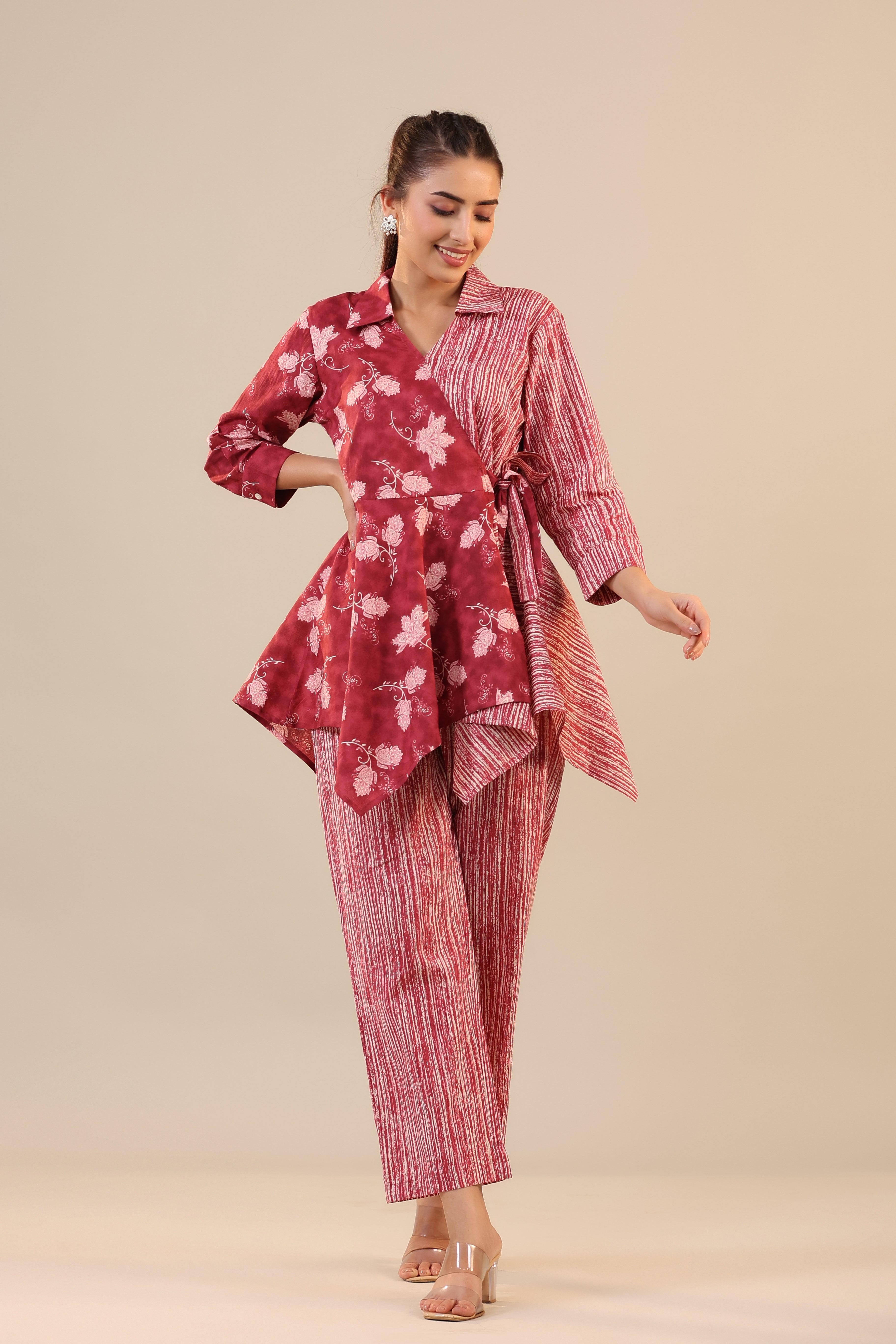 Stripes with Florals on Red Knot Cotton Co-ord Set