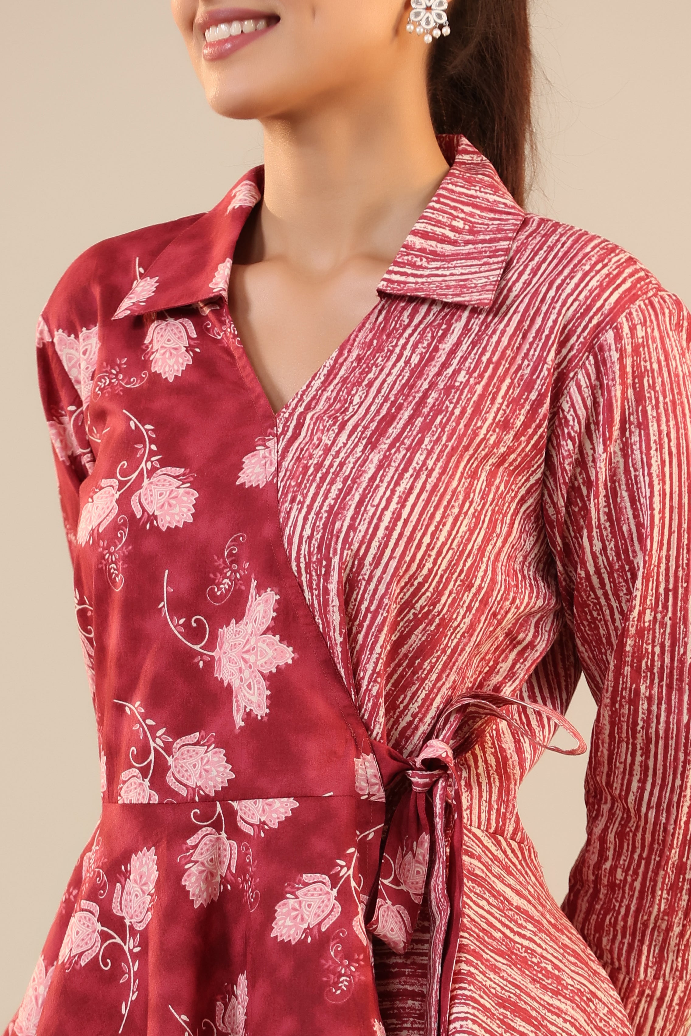 Stripes with Florals on Red Knot Cotton Loungewear Set