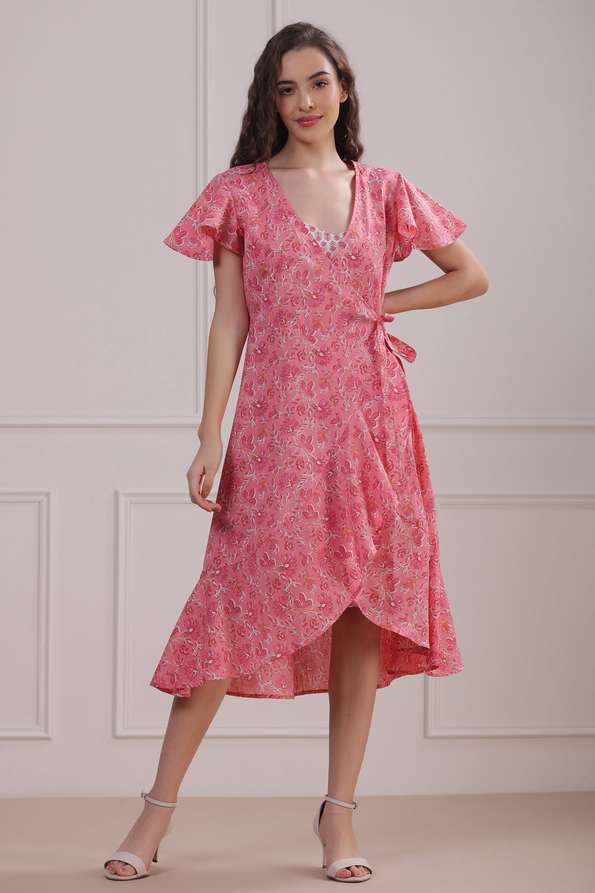 Rose Garden with White Slip Wrap-around Cotton Dress