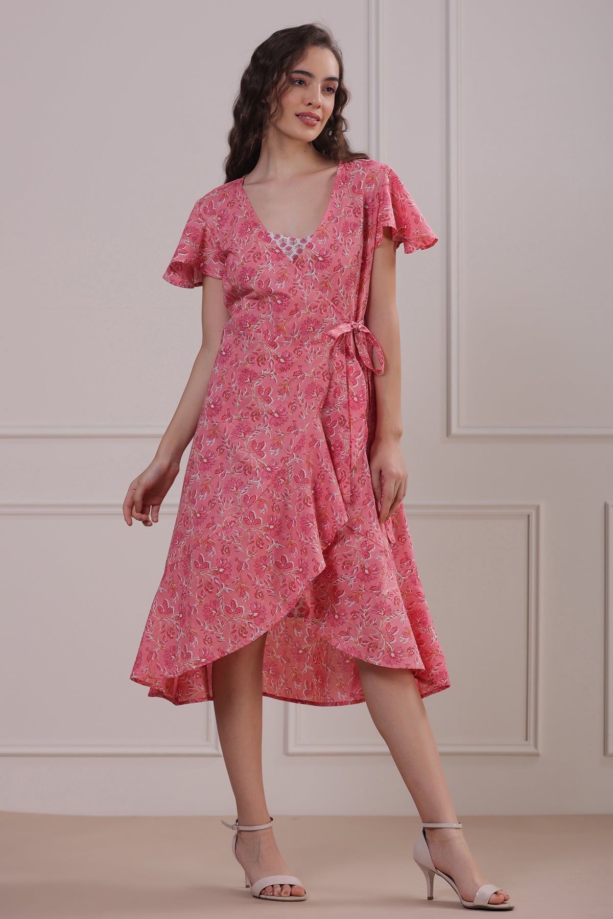 Rose Garden with White Slip Wrap-around Cotton Dress