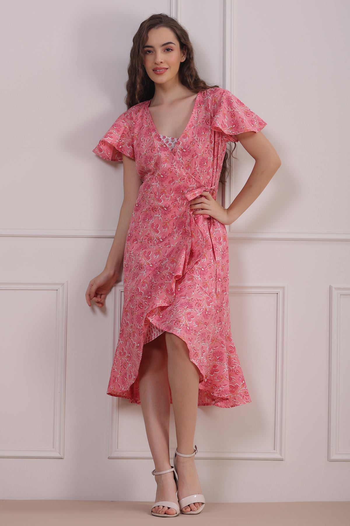 Rose Garden with White Slip Wrap-around Cotton Dress