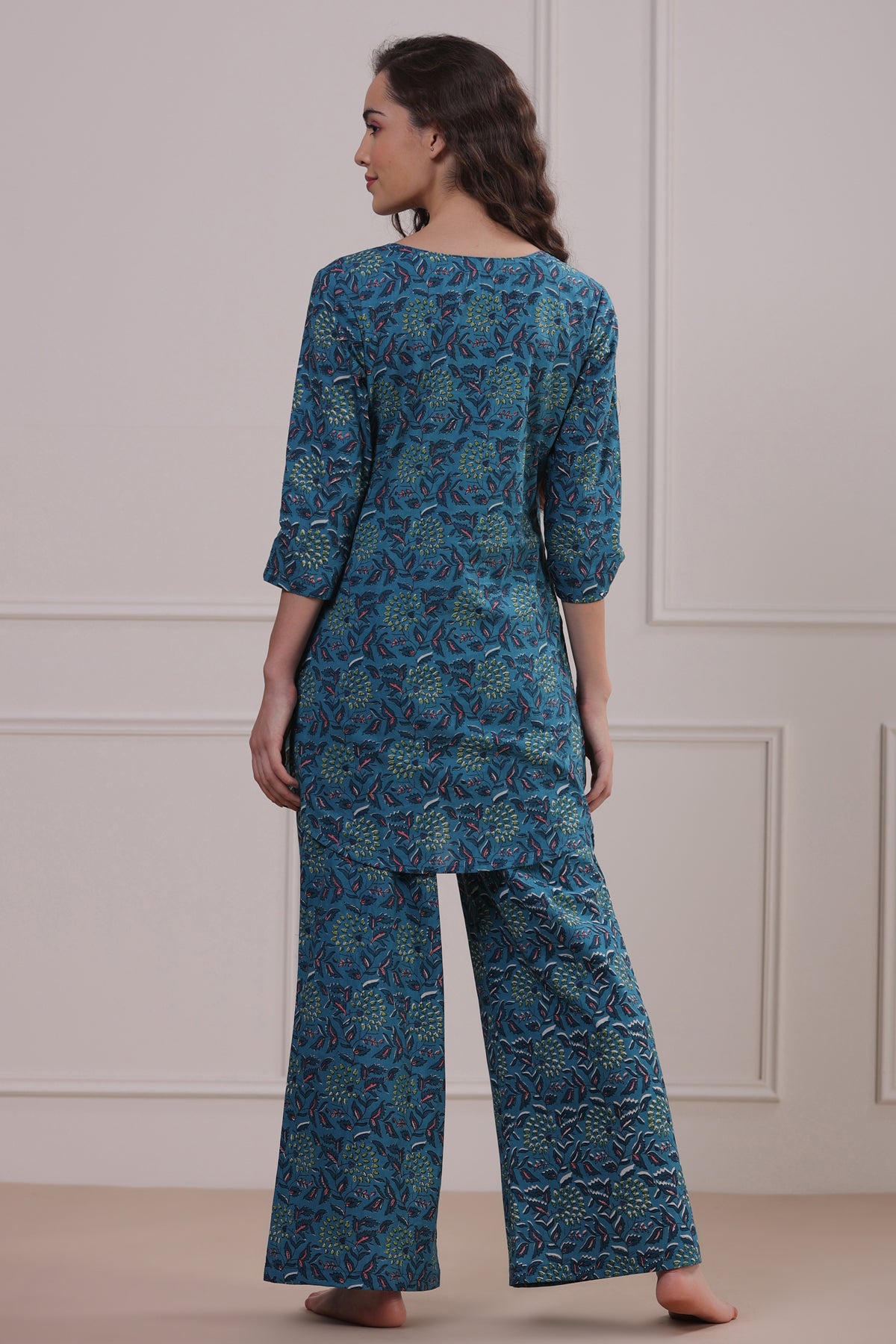 Gardenia On Blue Cotton Palazzo Loungewear Set