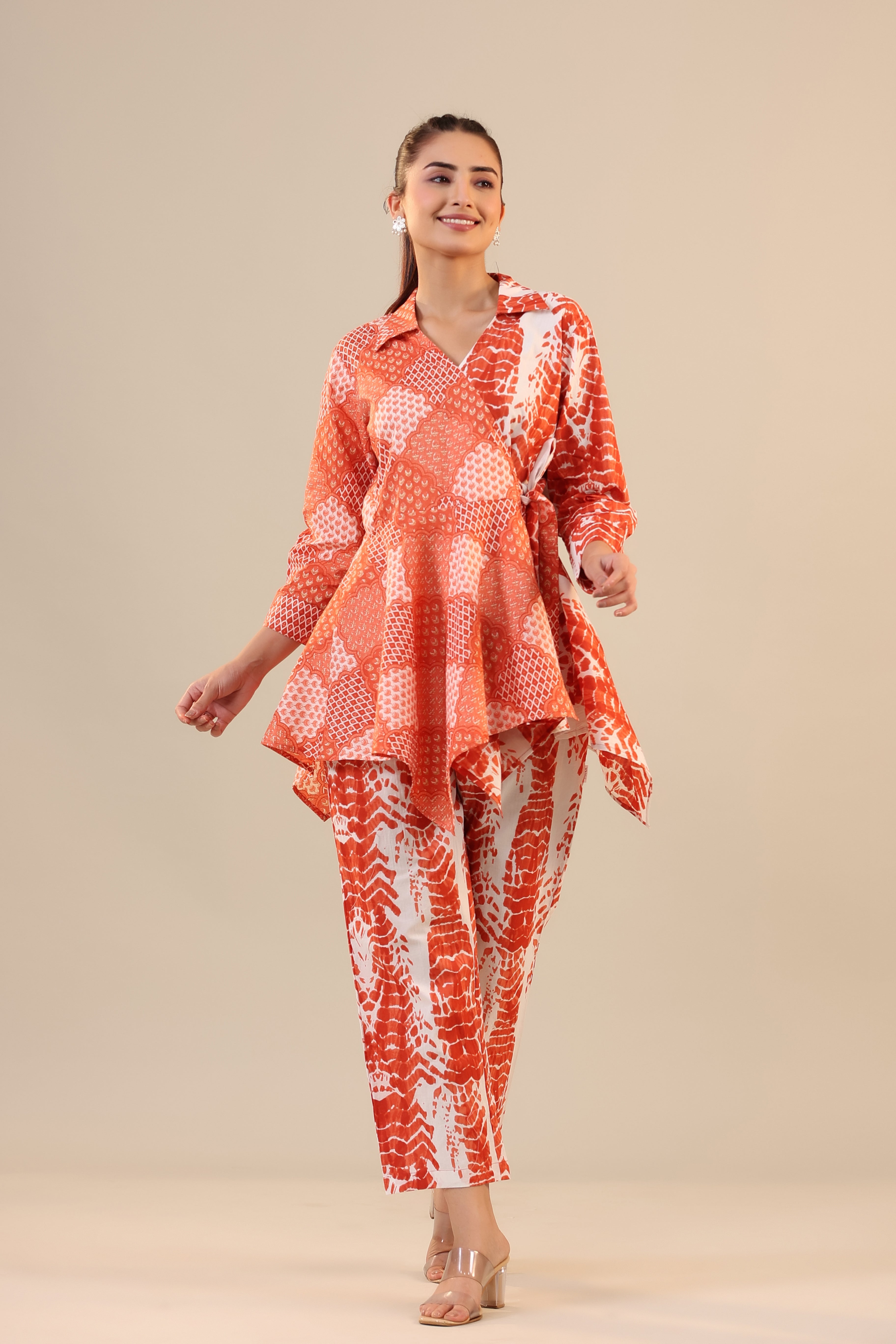 Orange abstract Shibori Knot Cotton Co-ord Set