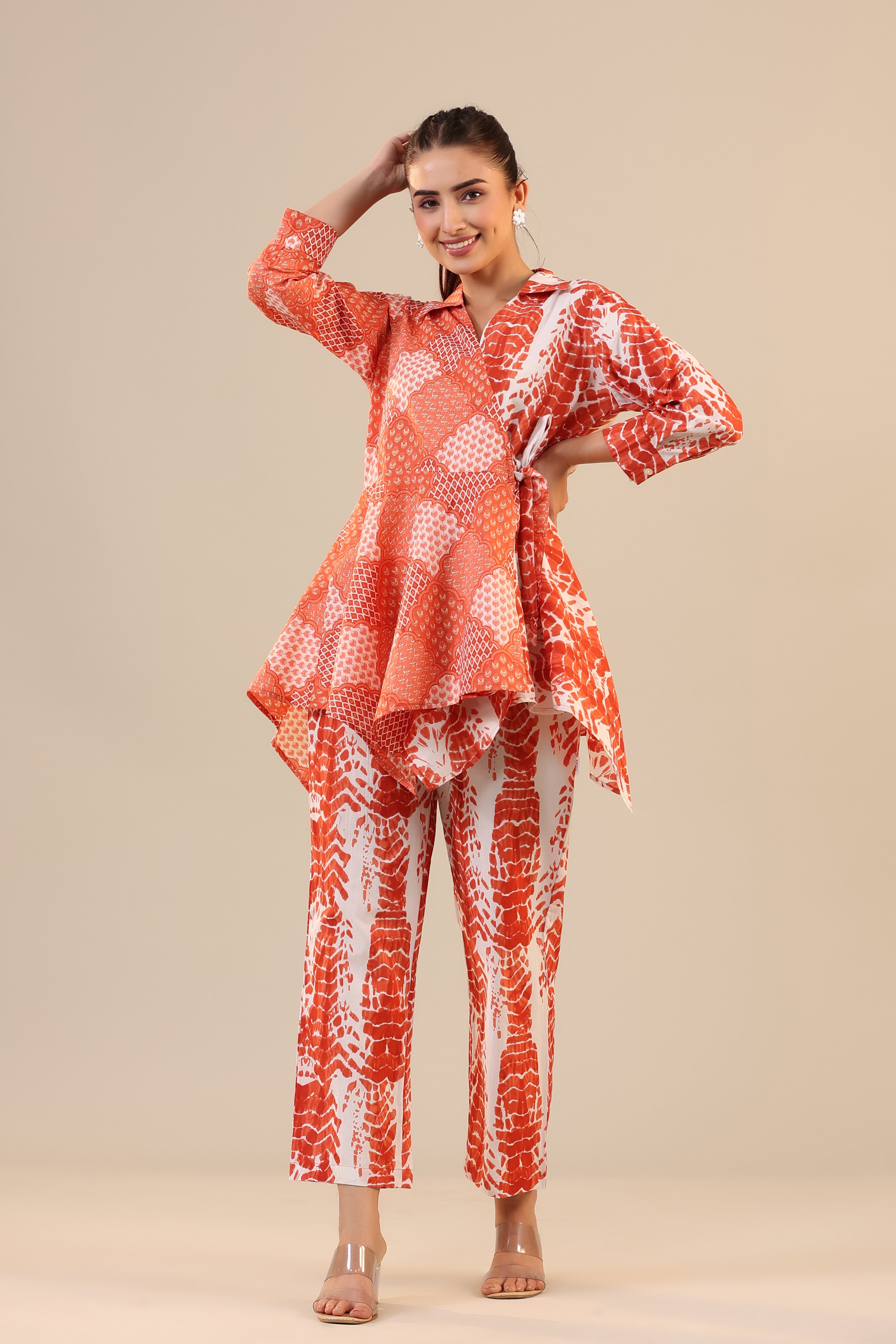 Orange abstract Shibori Knot Cotton Co-ord Set