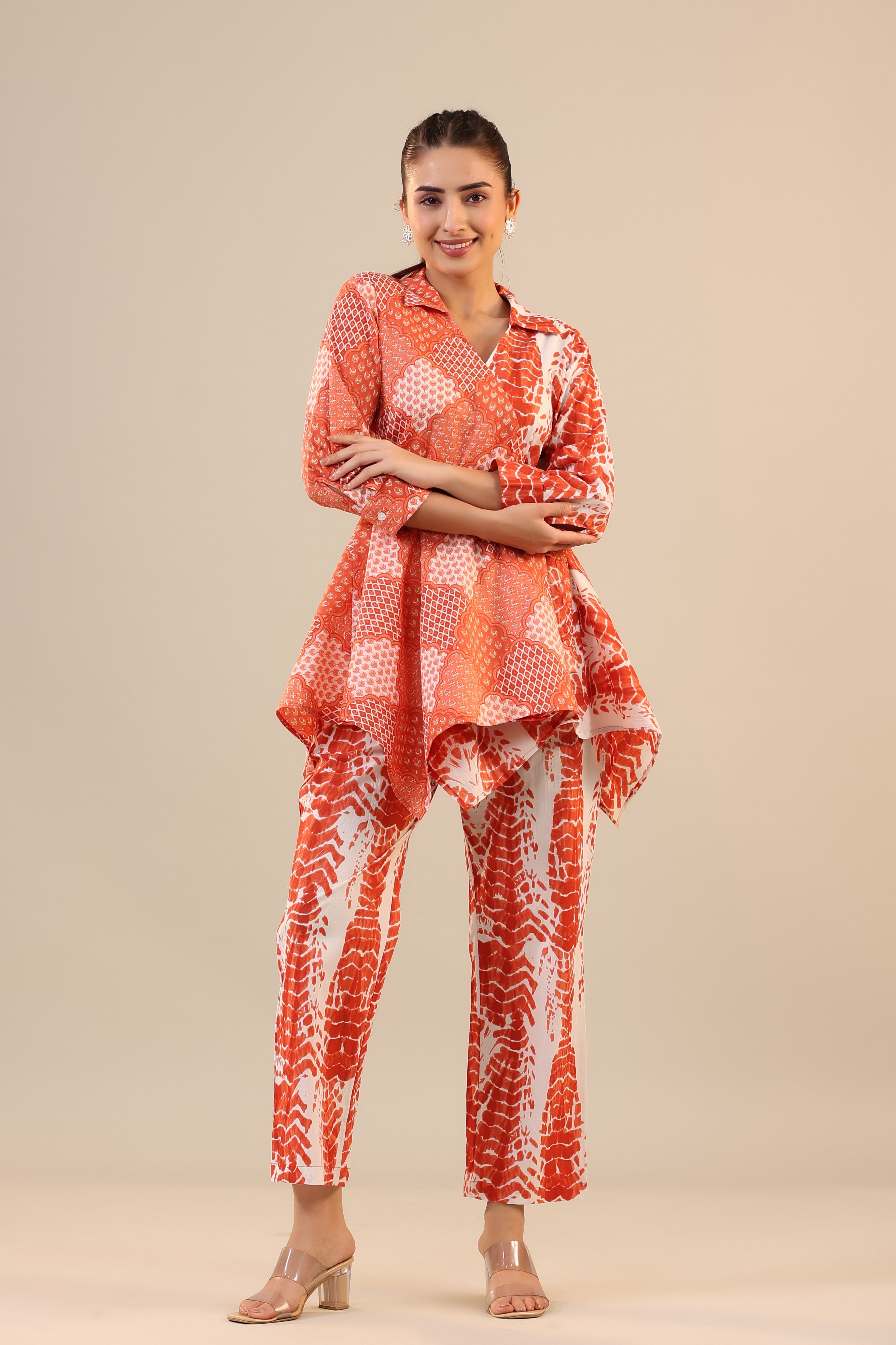 Orange abstract Shibori Knot Cotton Co-ord Set