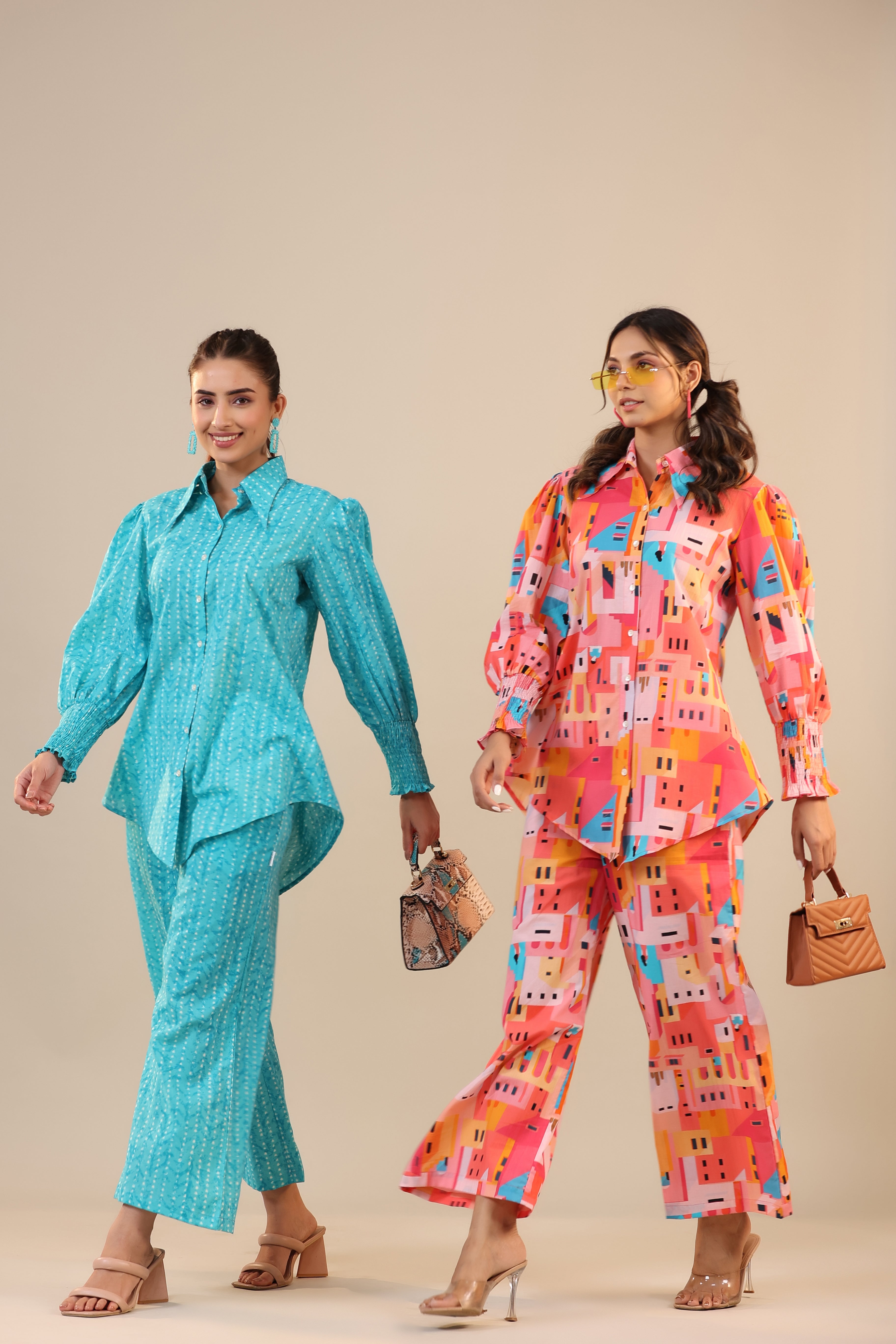 Patterned Parallels on Blue Cotton Collared Co-ord Set