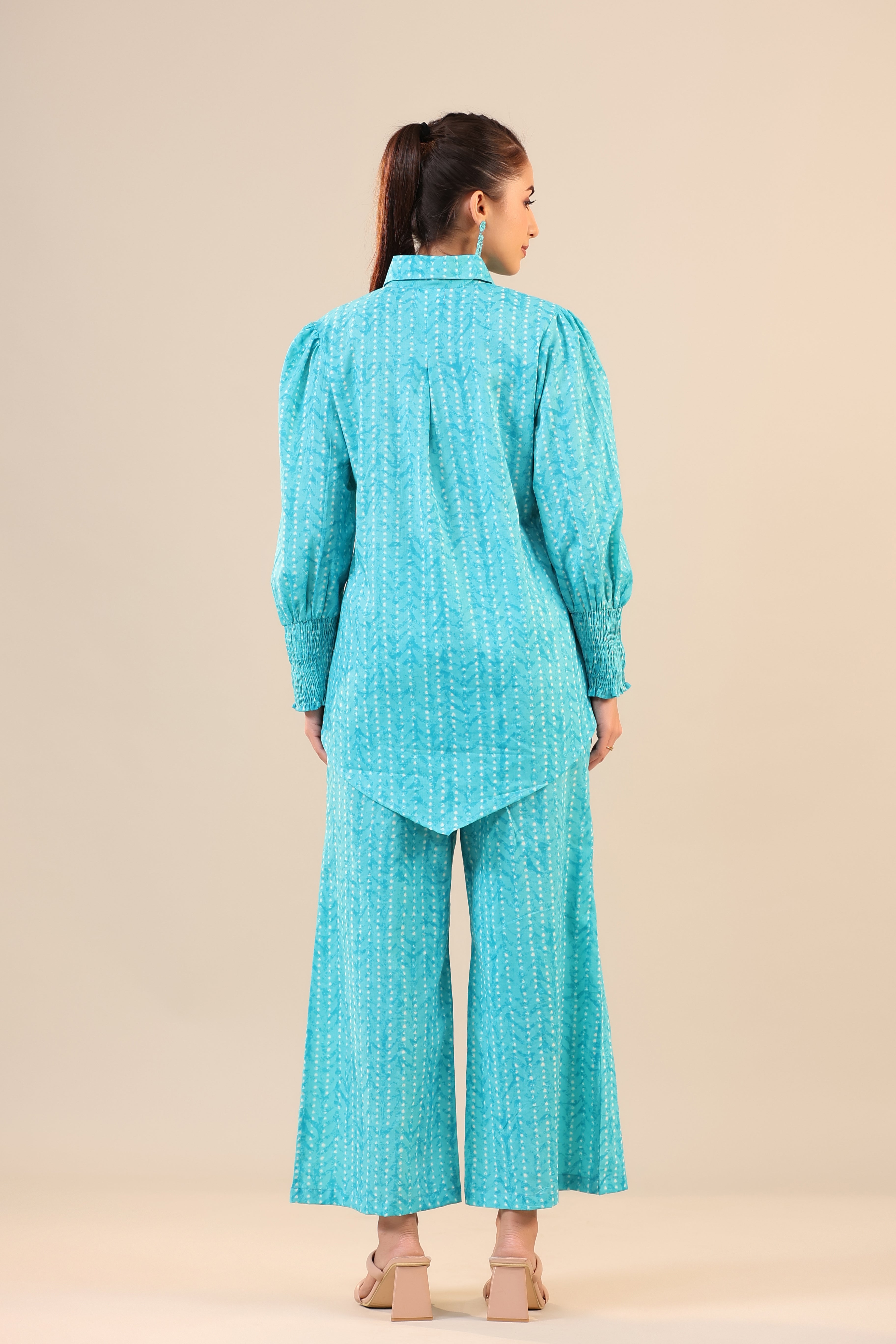 Patterned Parallels on Blue Cotton Collared Co-ord Set