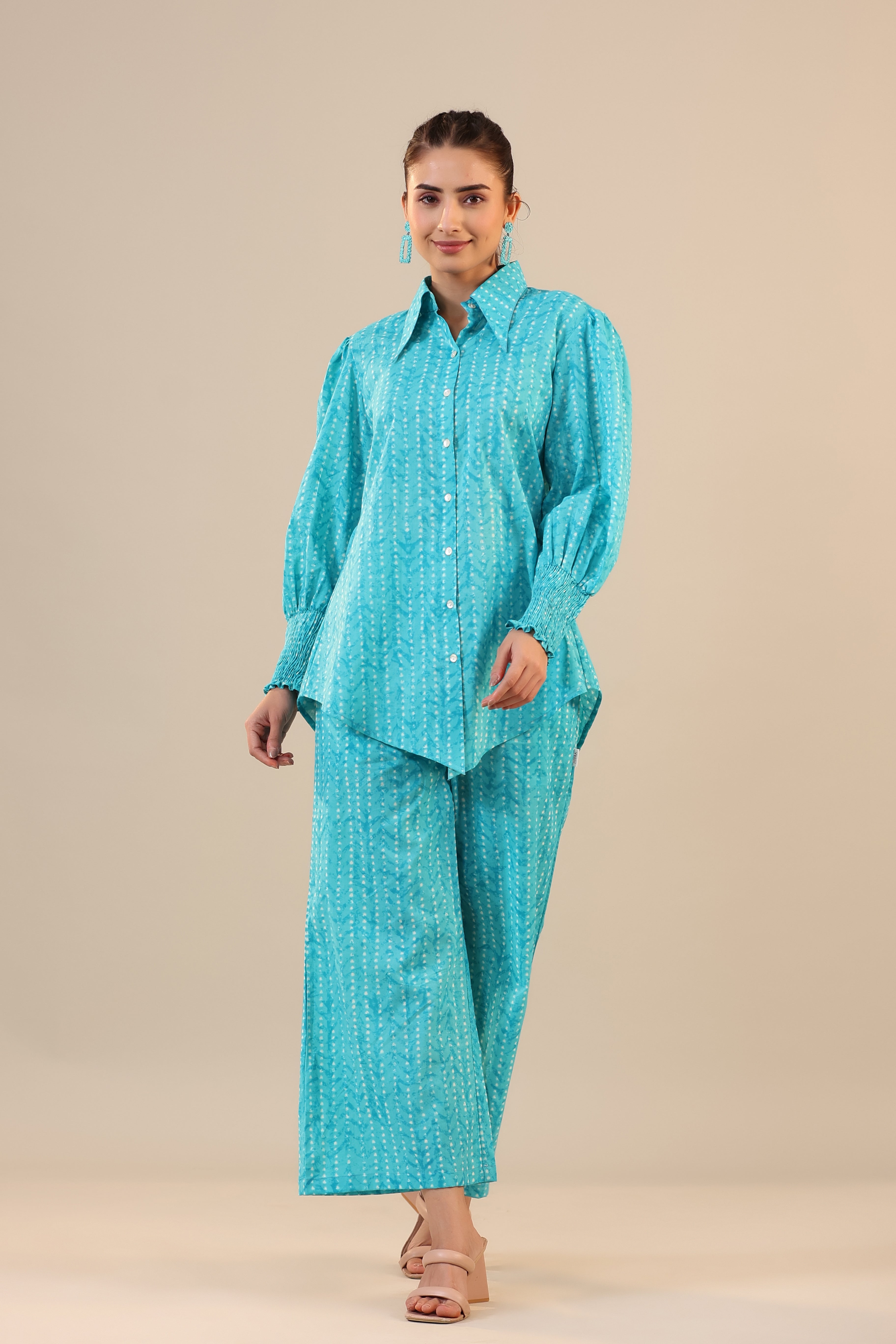 Patterned Parallels on Blue Cotton Collared Co-ord Set