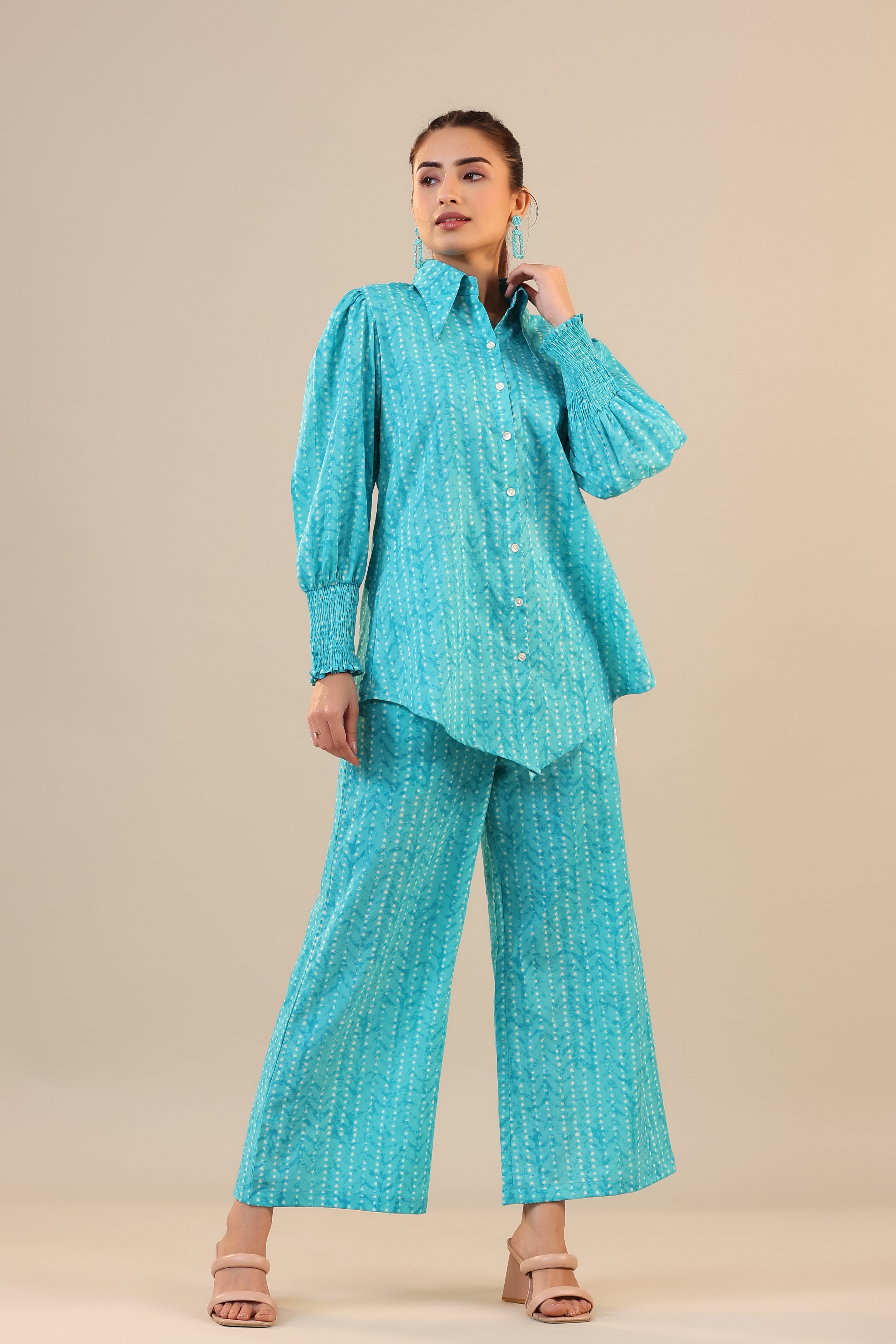 Patterned Parallels on Blue Cotton Collared Co-ord Set
