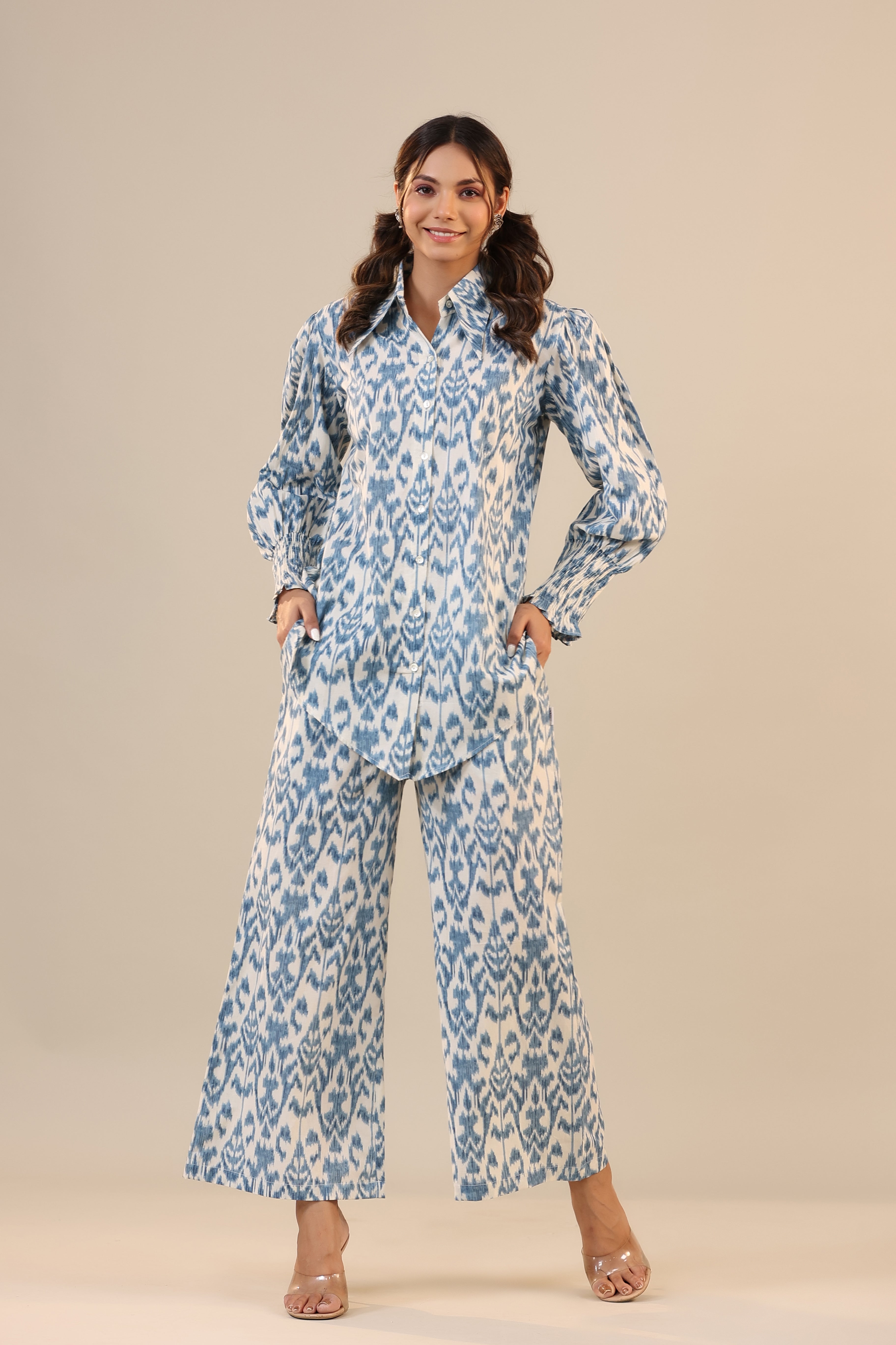 Ikat on Off White Cotton Collared Co-ord Set