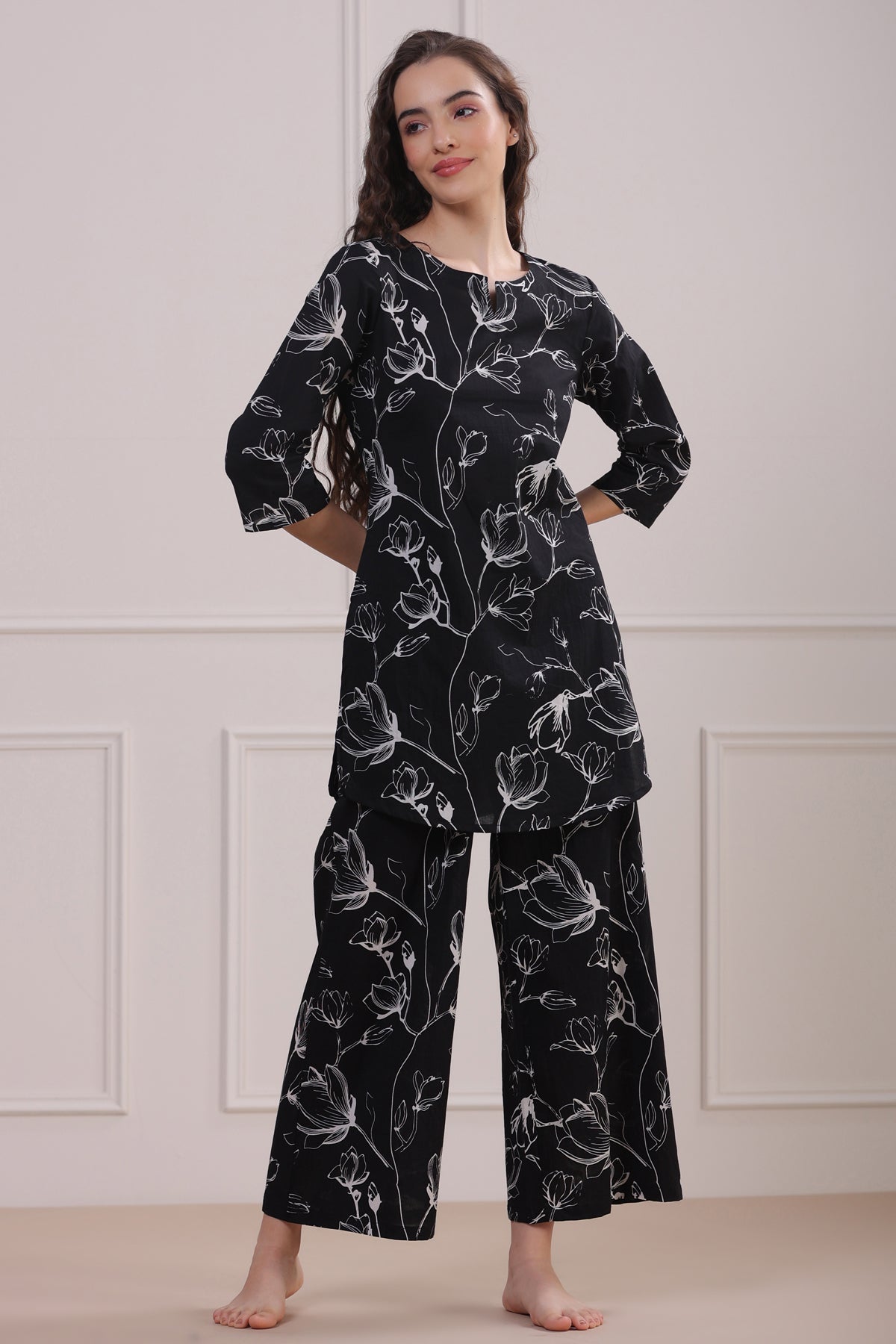 Abstract Floral on Black Cotton Palazzo Loungewear Set