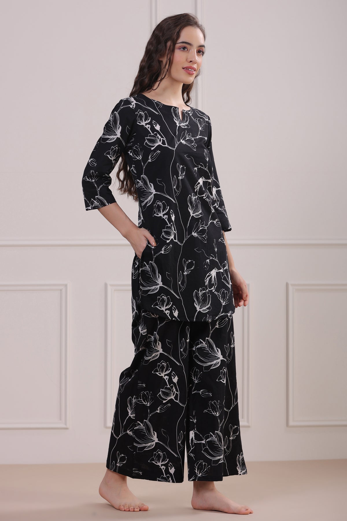 Abstract Floral on Black Cotton Palazzo Loungewear Set