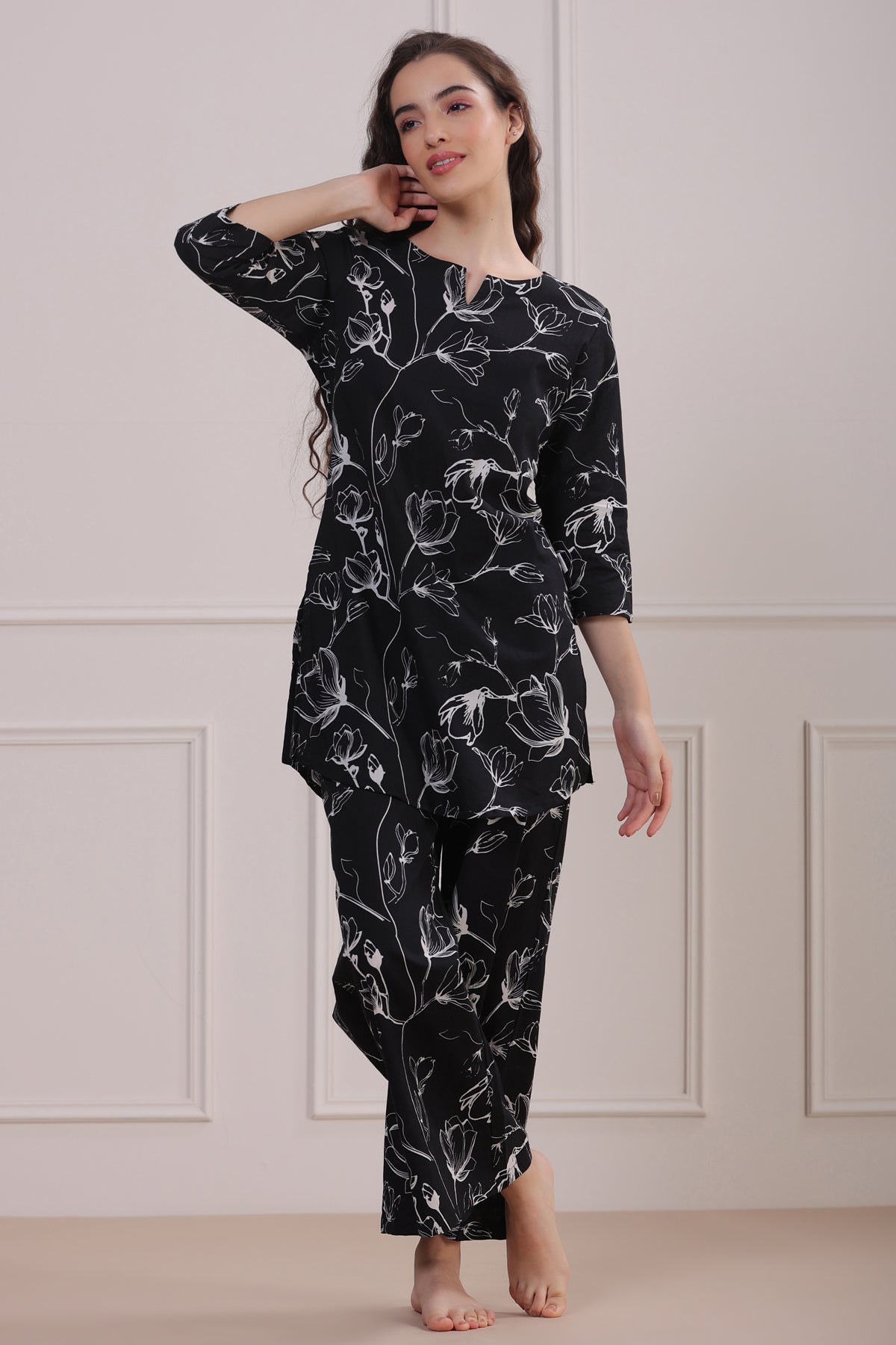 Abstract Floral on Black Cotton Palazzo Loungewear Set