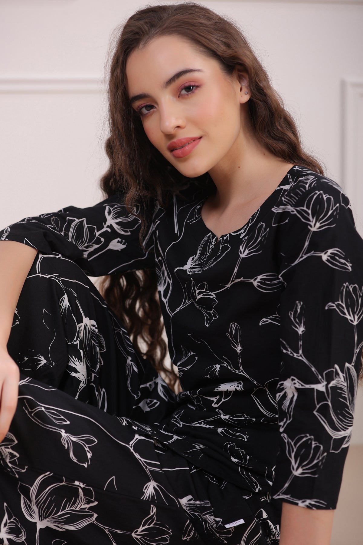 Abstract Floral on Black Cotton Palazzo Loungewear Set
