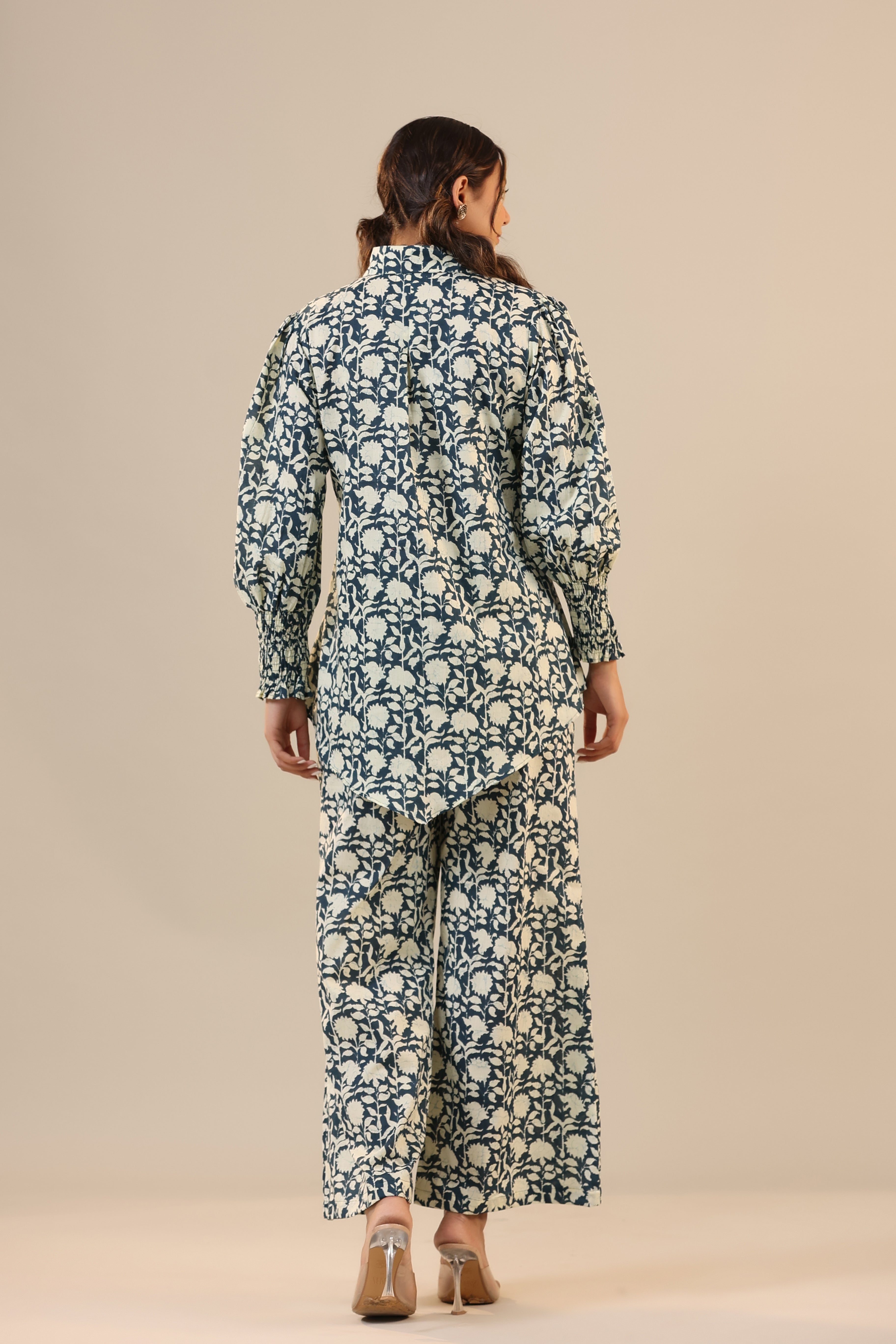 Aster on Dark Blue Cotton Collared Co-ord Set