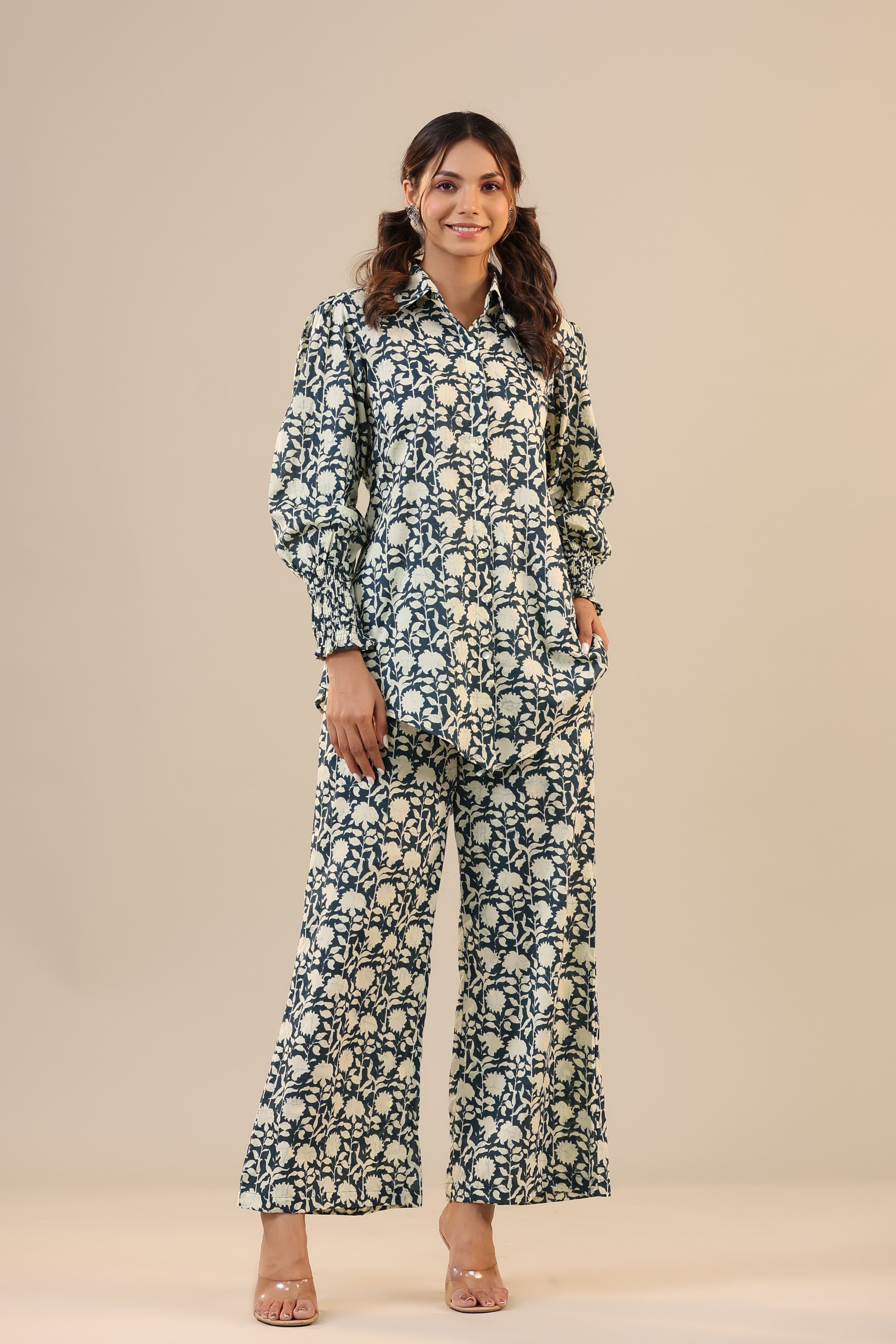 Aster on Dark Blue Cotton Collared Co-ord Set