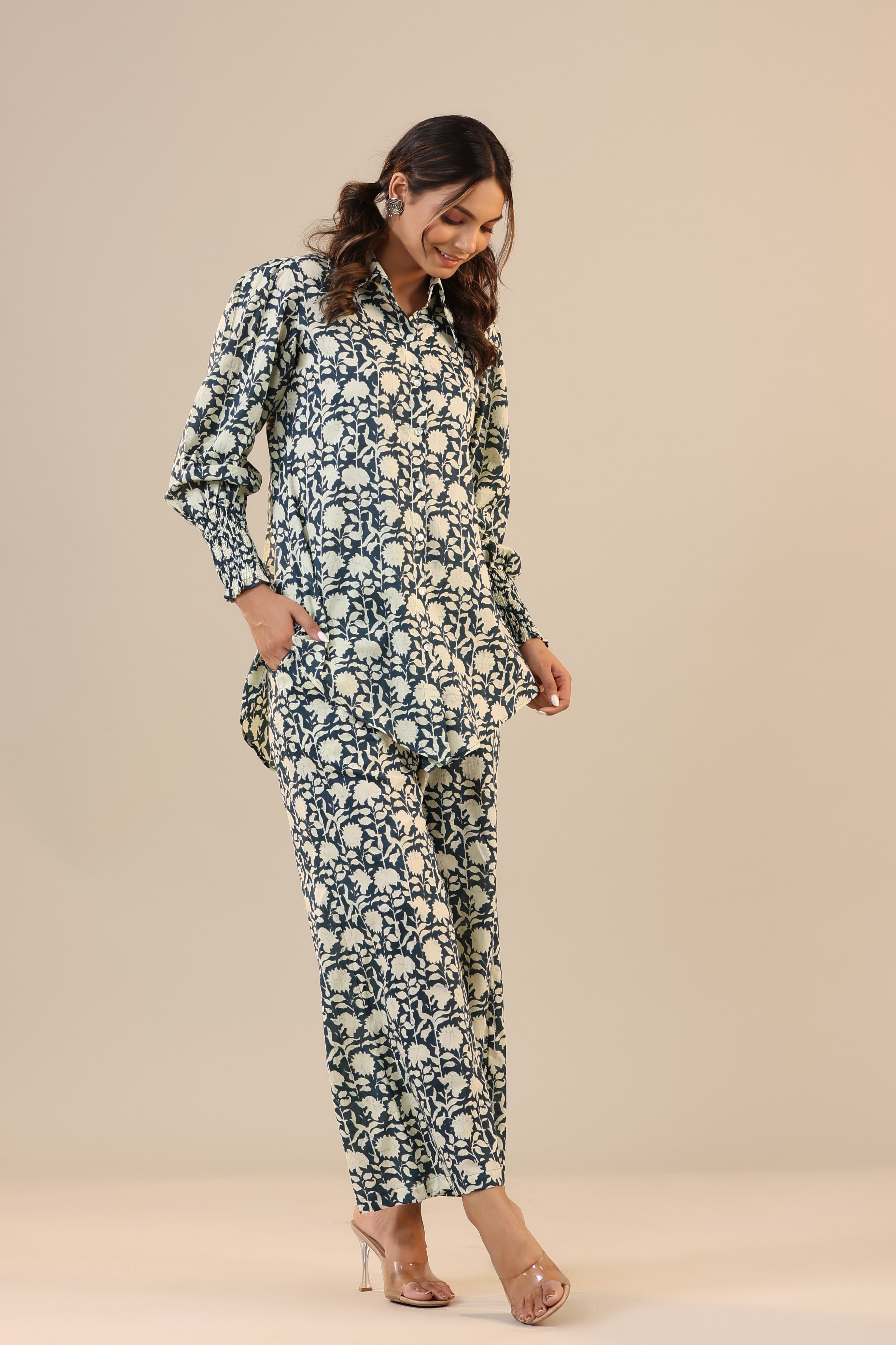 Aster on Dark Blue Cotton Collared Co-ord Set