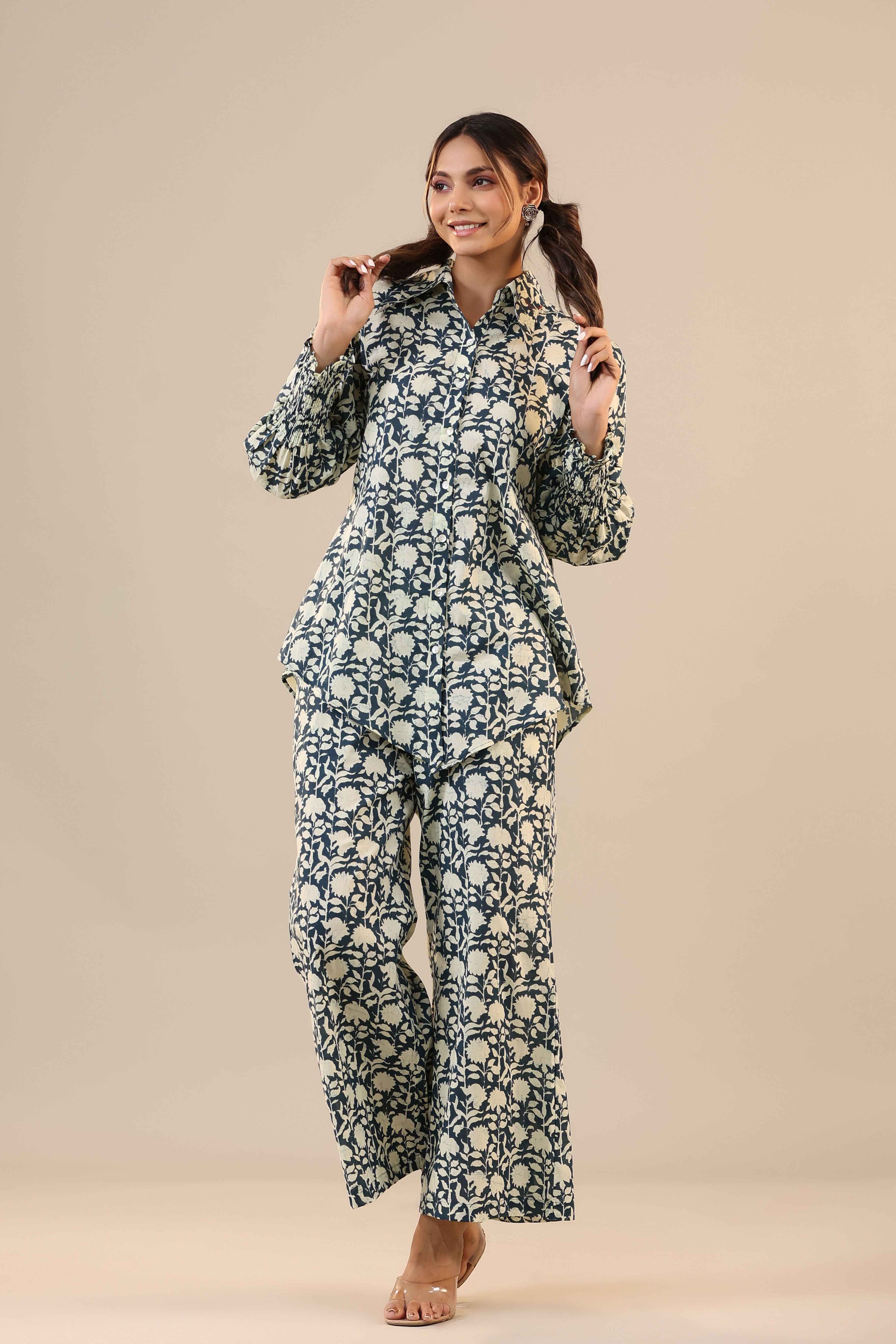 Aster on Dark Blue Cotton Collared Co-ord Set