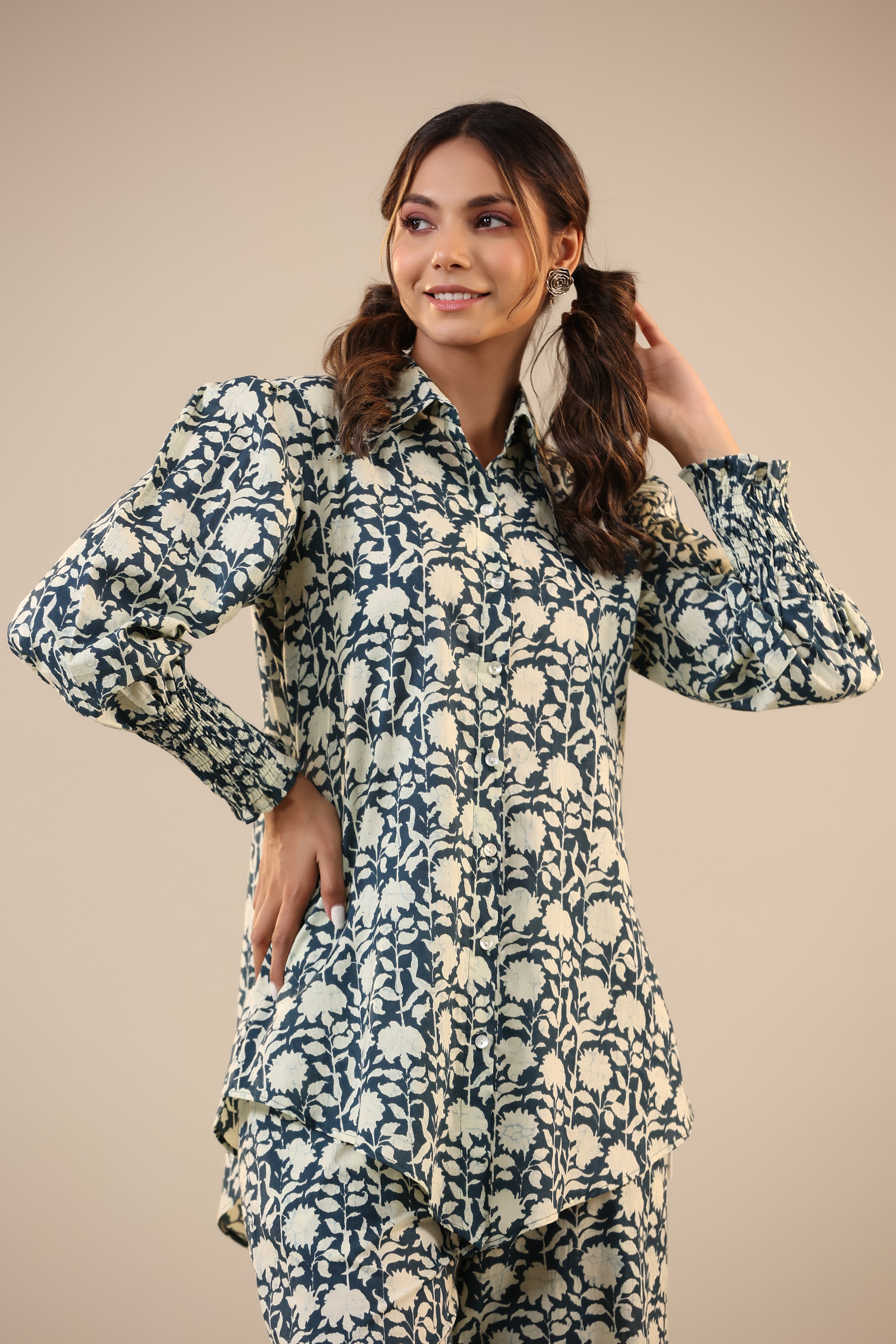 Aster on Dark Blue Cotton Collared Co-ord Set