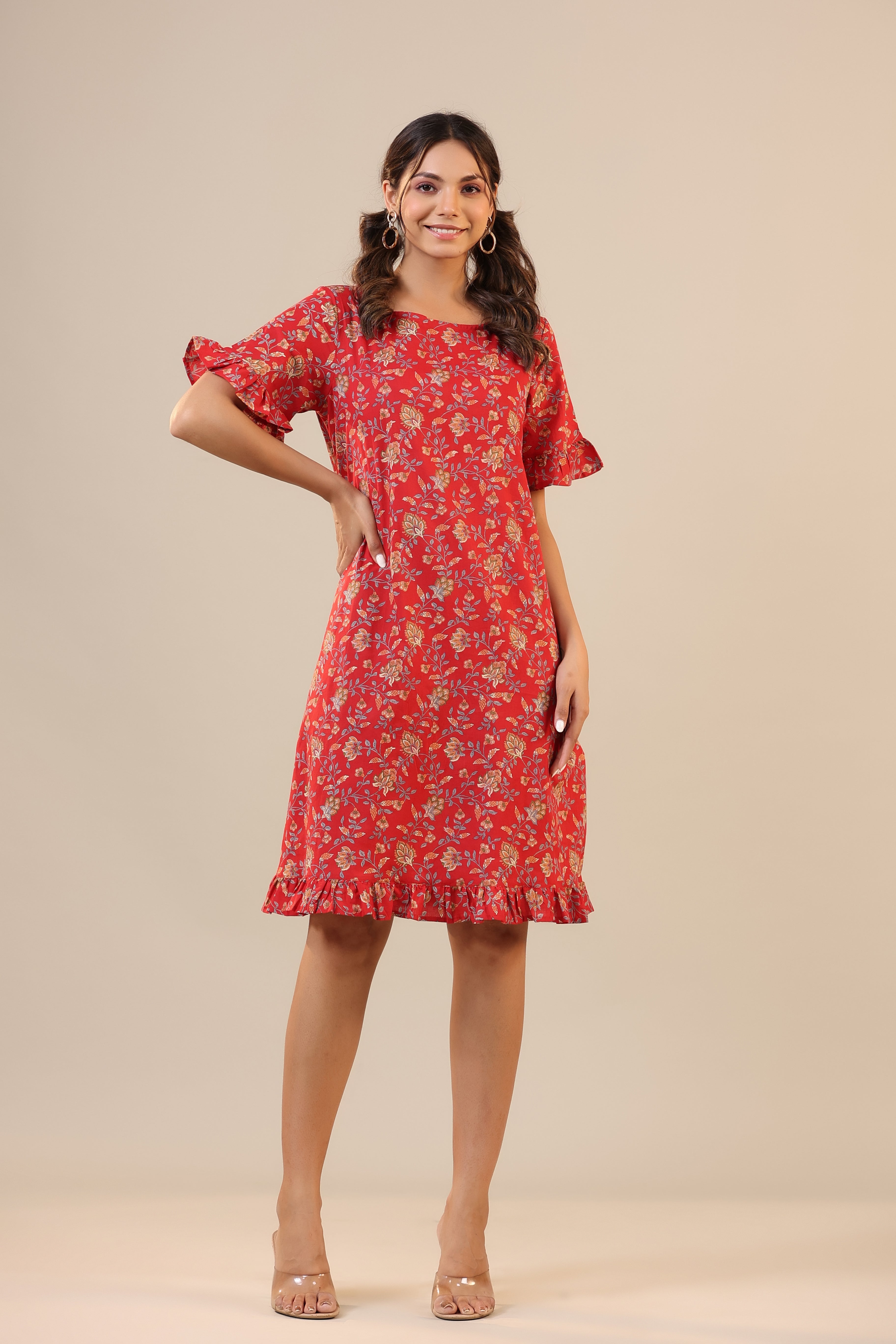 Floral Jaal on Red Cotton T-shirt Dress
