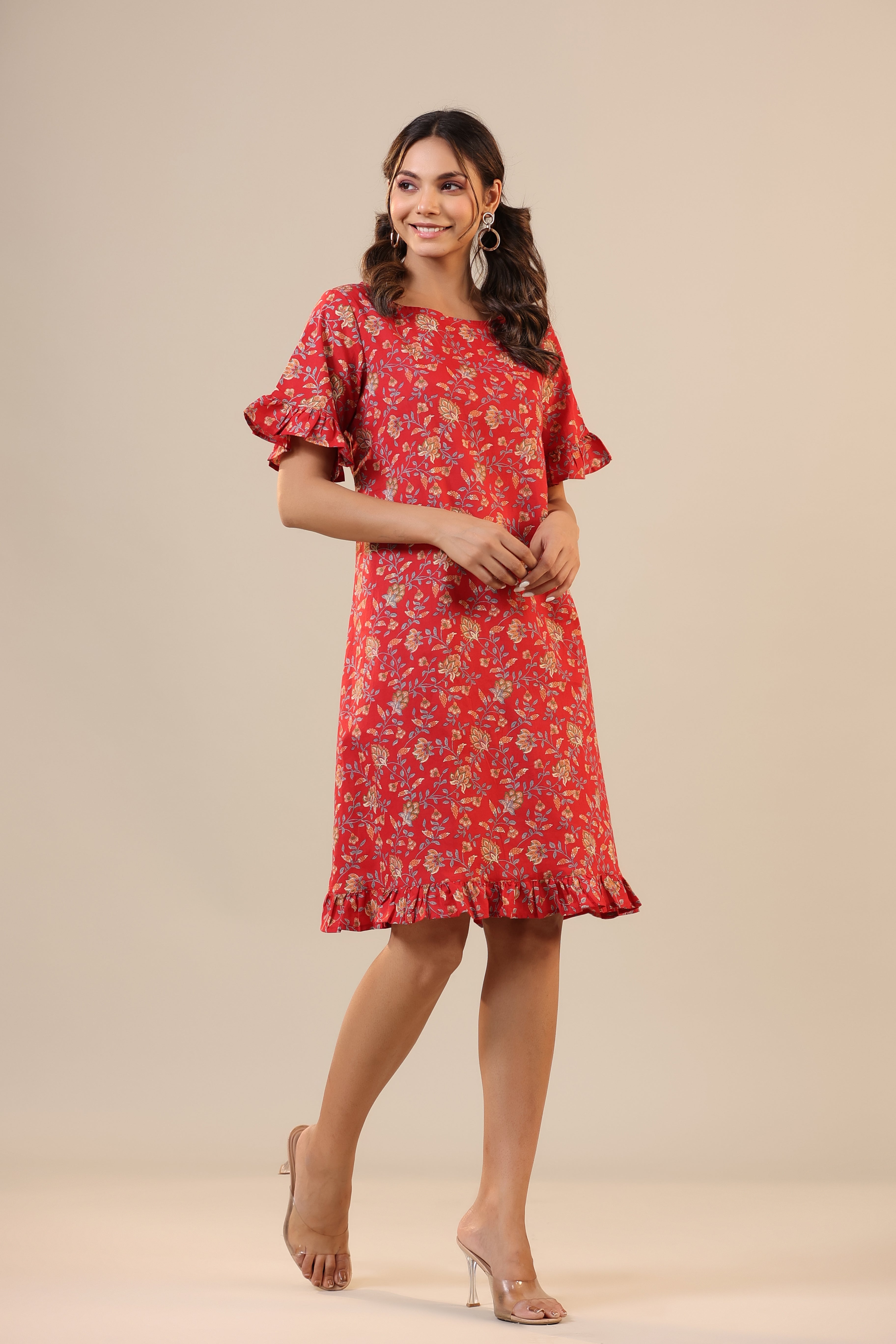 Floral Jaal on Red Cotton T-shirt Dress