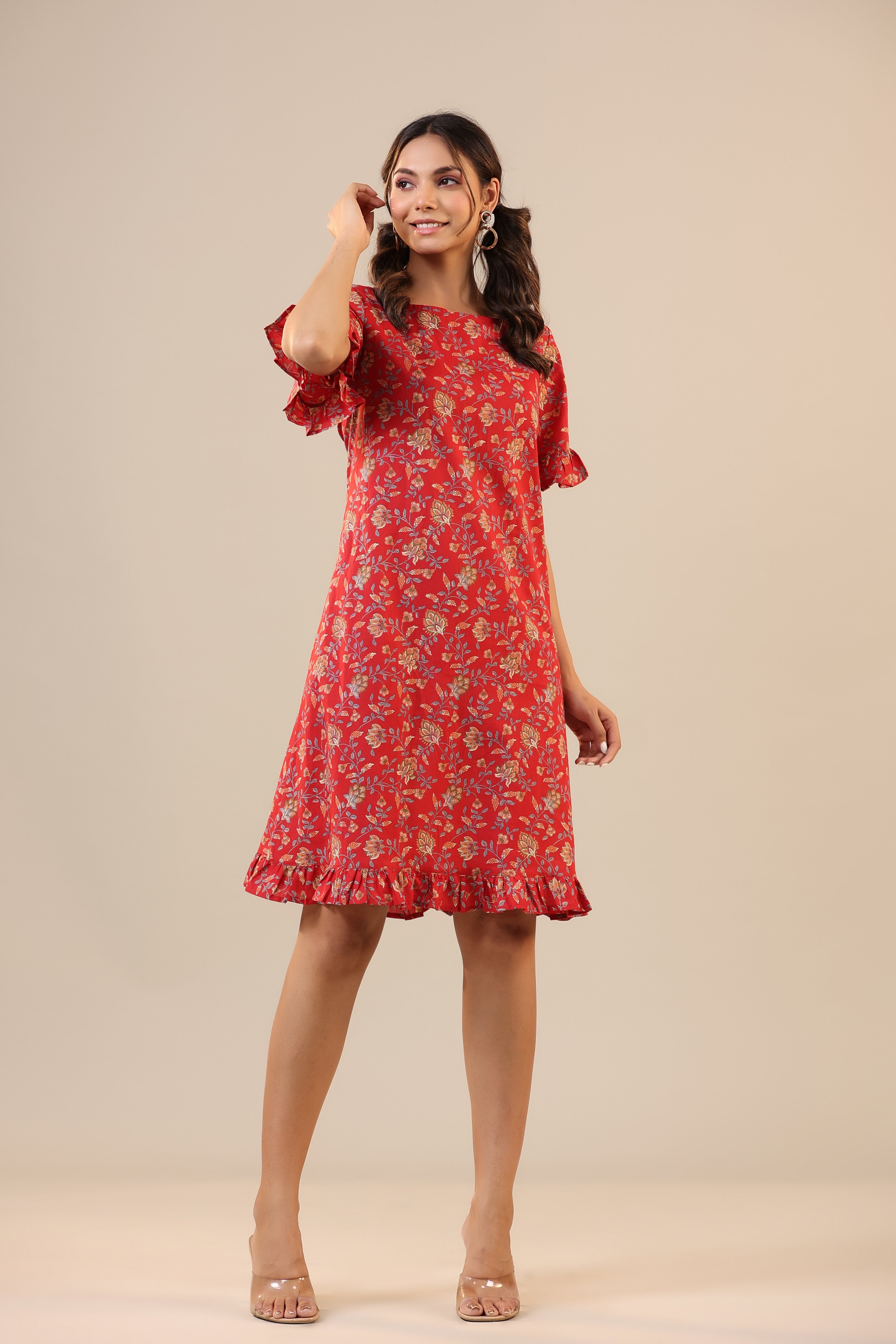 Floral Jaal on Red Cotton T-shirt Dress