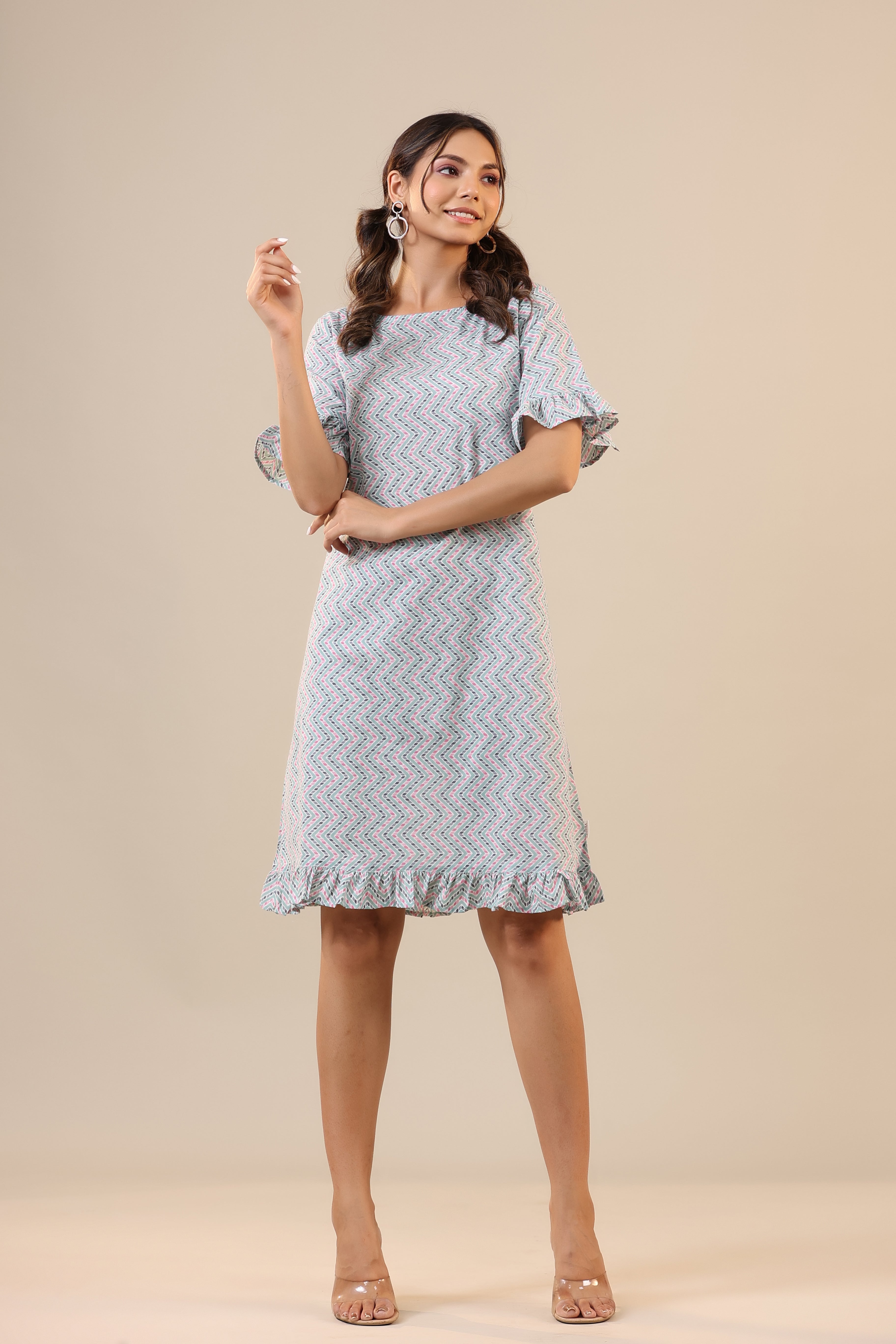 Parallel Zigazag Stripes on Light Blue Cotton T-shirt Dress